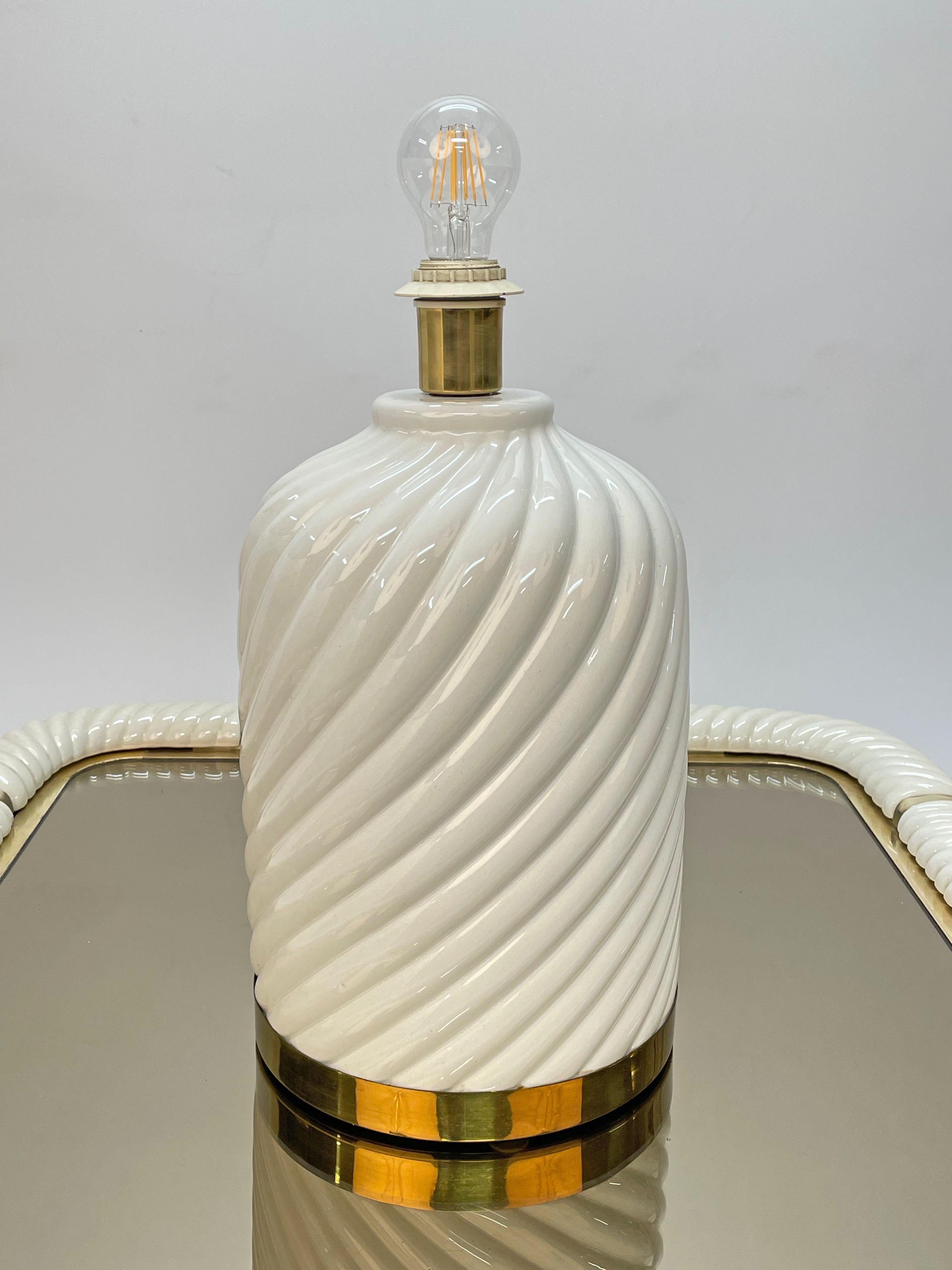 Midcentury White Ceramic and Brass Italian Table Lamp Tommaso Barbi Style, 1970s 11