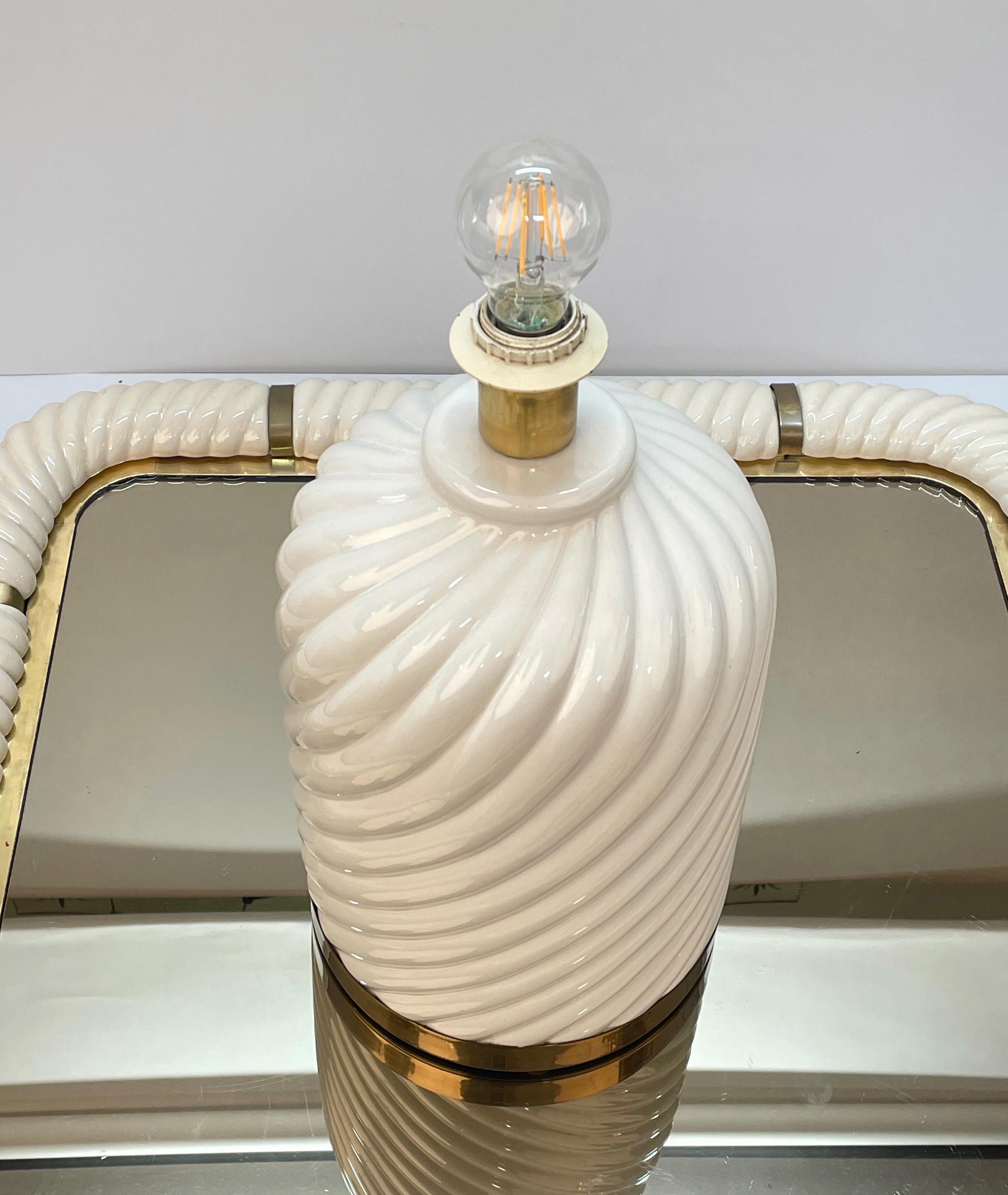 Midcentury White Ceramic and Brass Italian Table Lamp Tommaso Barbi Style, 1970s 13