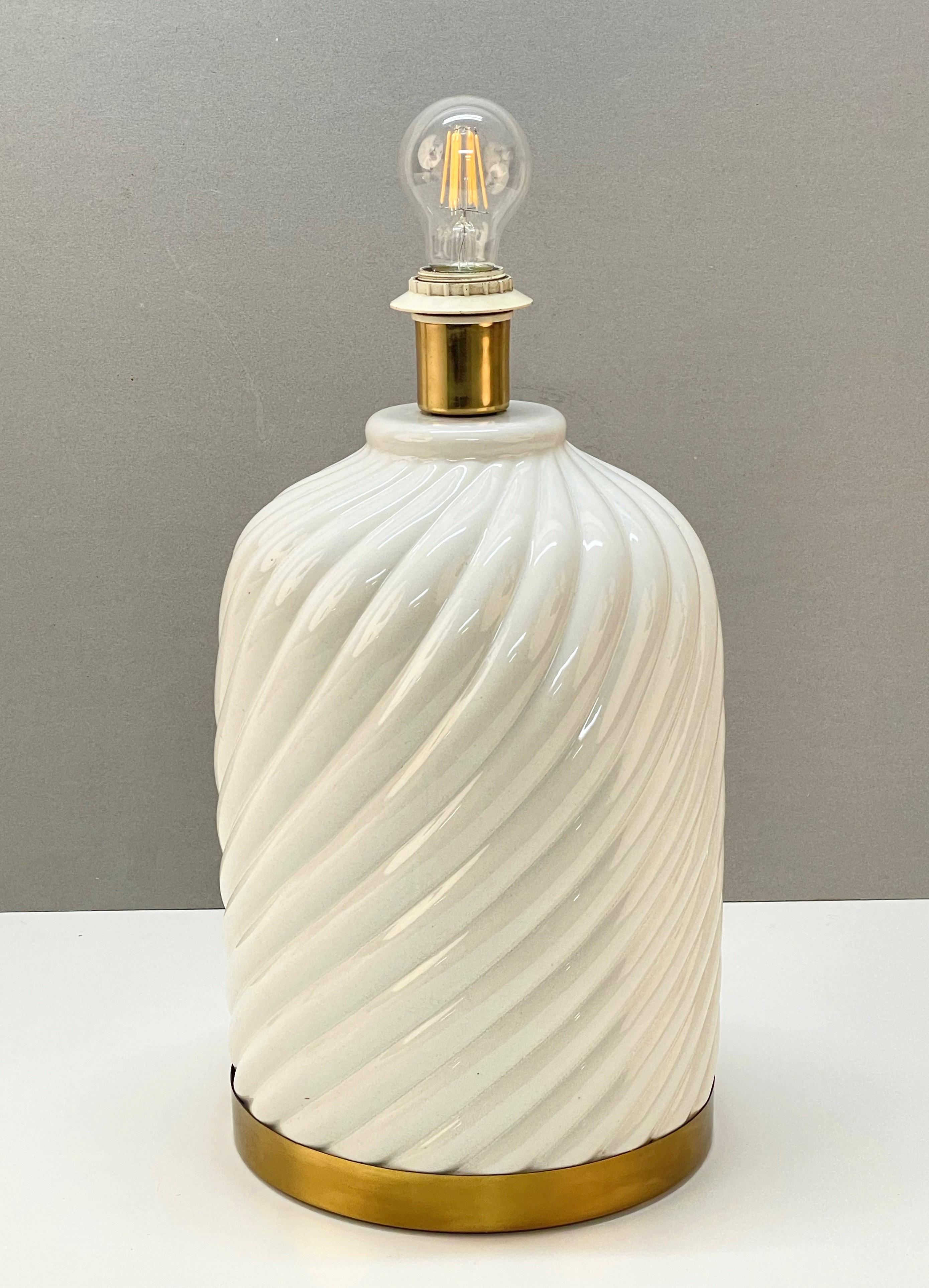 Midcentury White Ceramic and Brass Italian Table Lamp Tommaso Barbi Style, 1970s 1