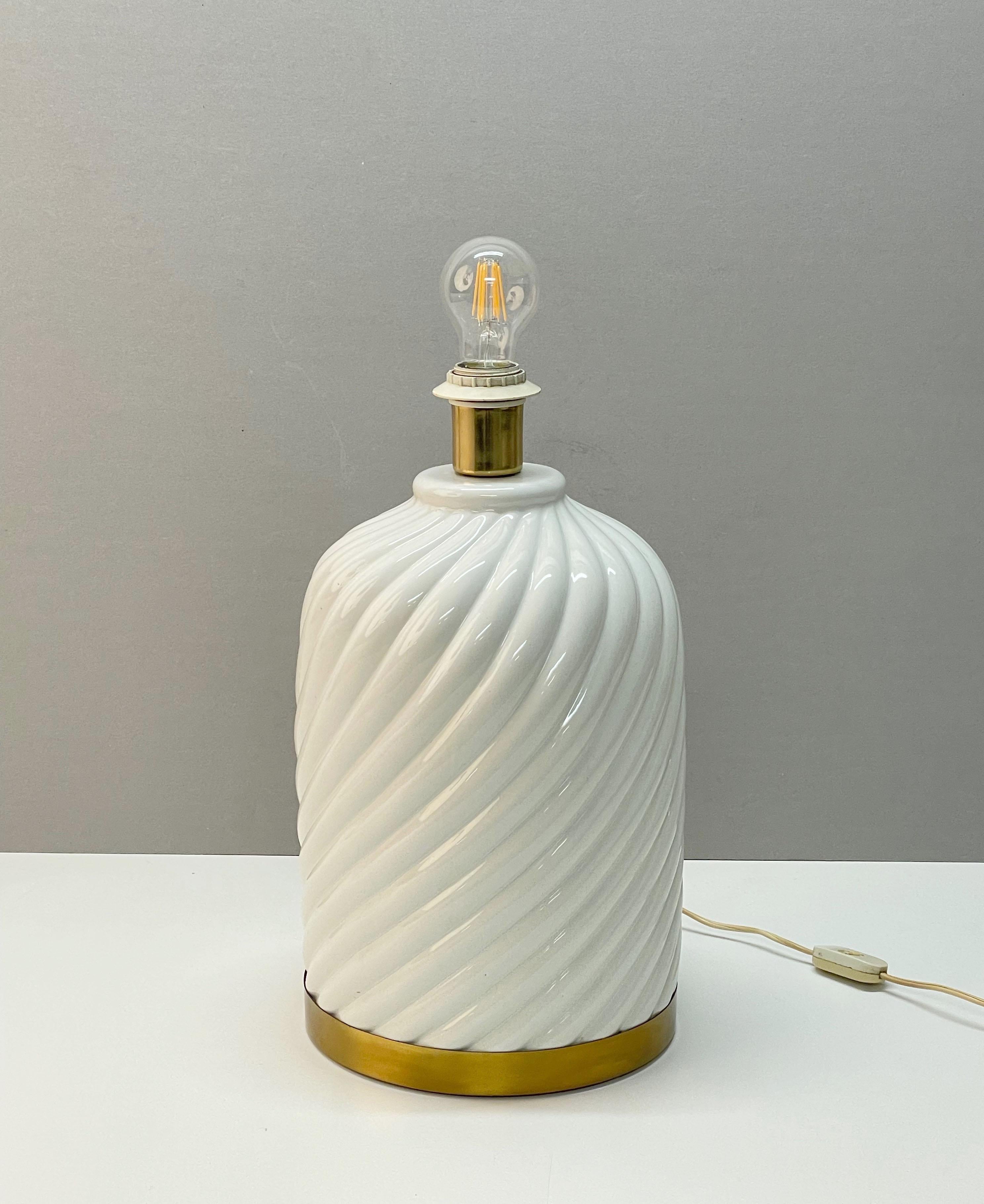 Midcentury White Ceramic and Brass Italian Table Lamp Tommaso Barbi Style, 1970s 3