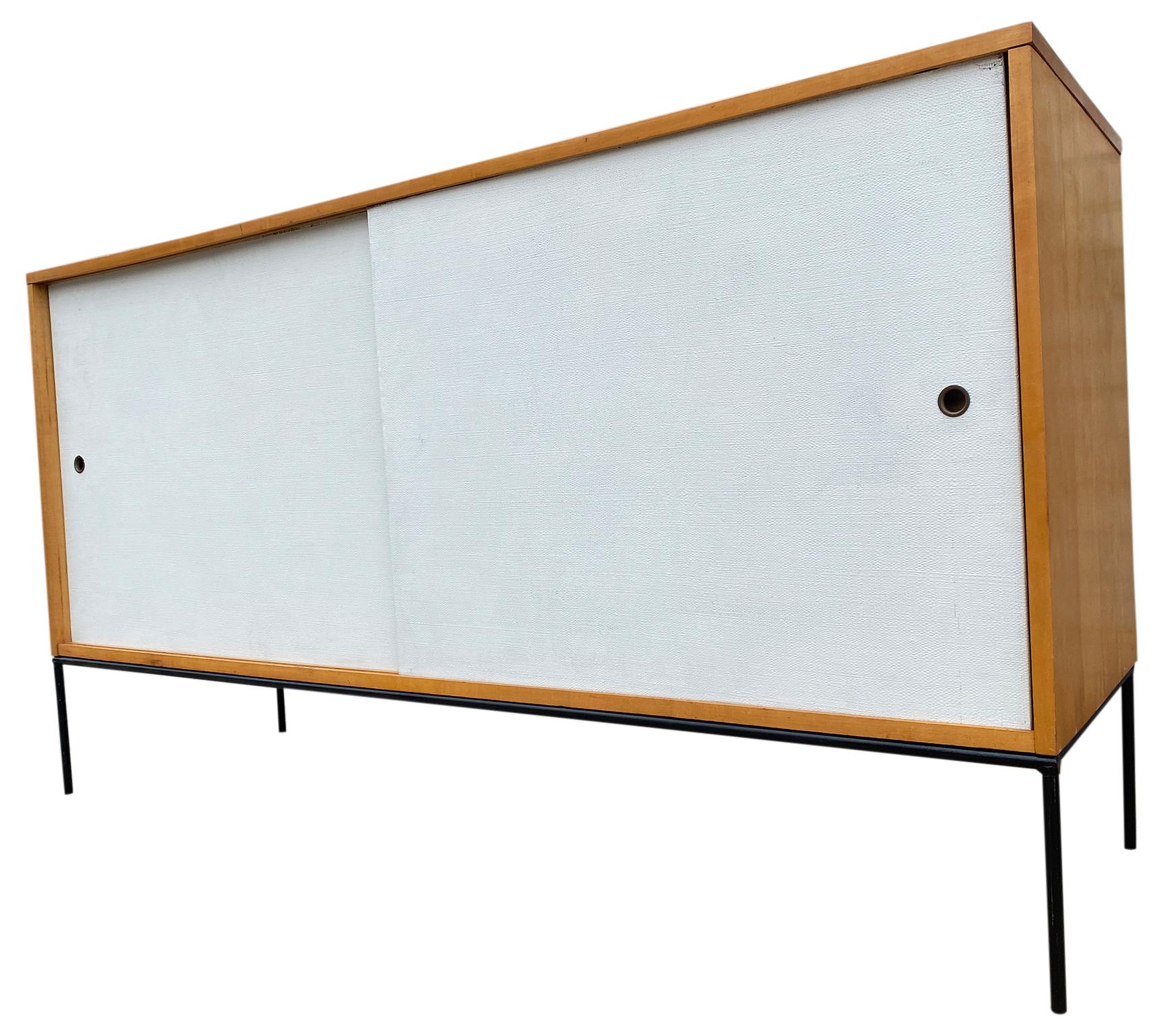 20th Century Midcentury White Cloth Door Credenza Paul McCobb Planner Group #1514 Iron Base