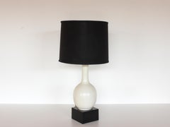 Midcentury White Craquelure Pottery Table Lamp with Black Shade