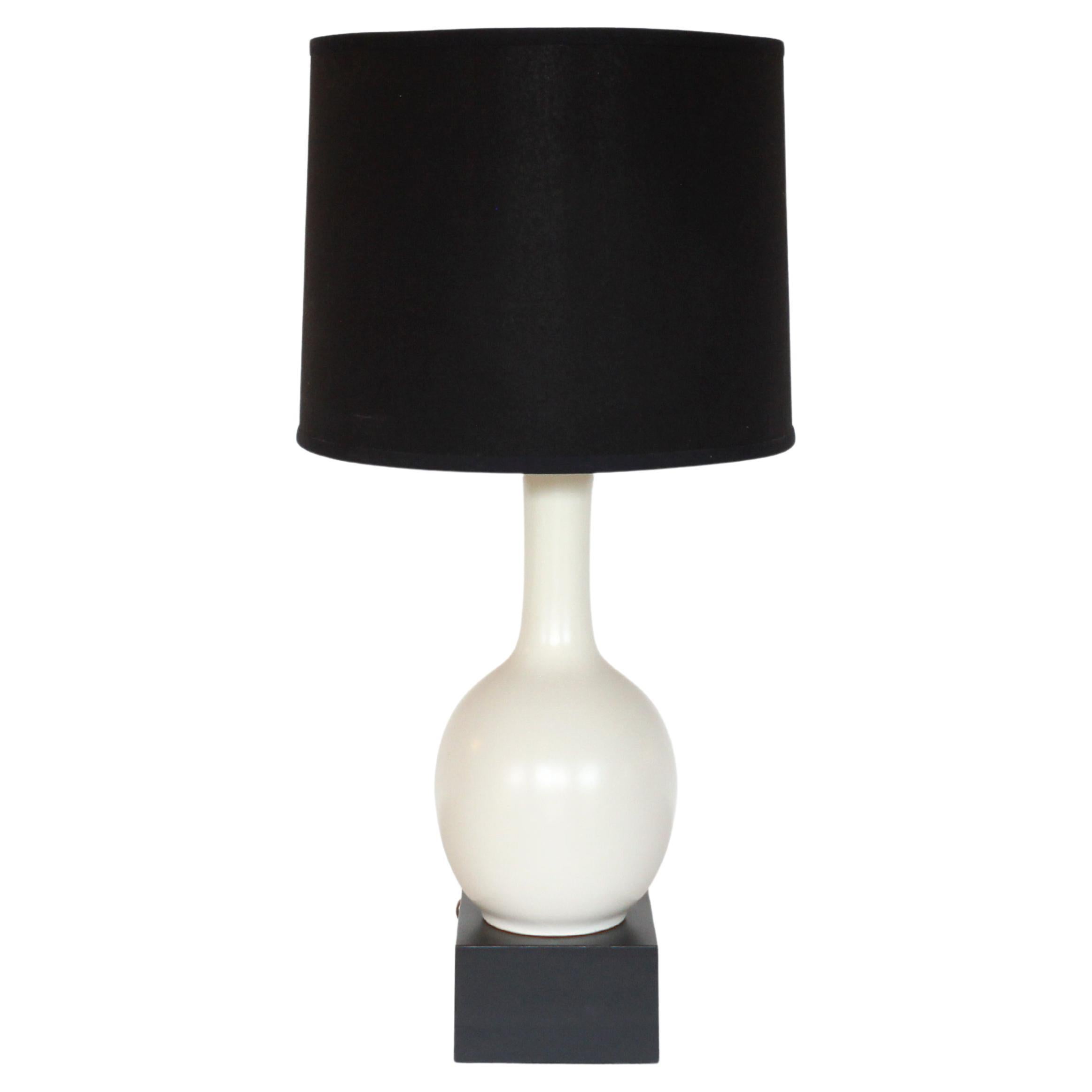 Midcentury White Craquelure Pottery Table Lamp with Black Shade For Sale
