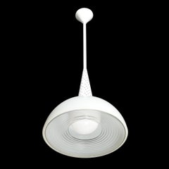 MidCentury White Enamel and Holophane Glass Diffuser Pendant by Mathieu Matégot