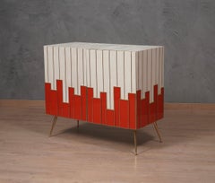 MidCentury White Goatskin Brass and Red Glass Sideboard, 1980