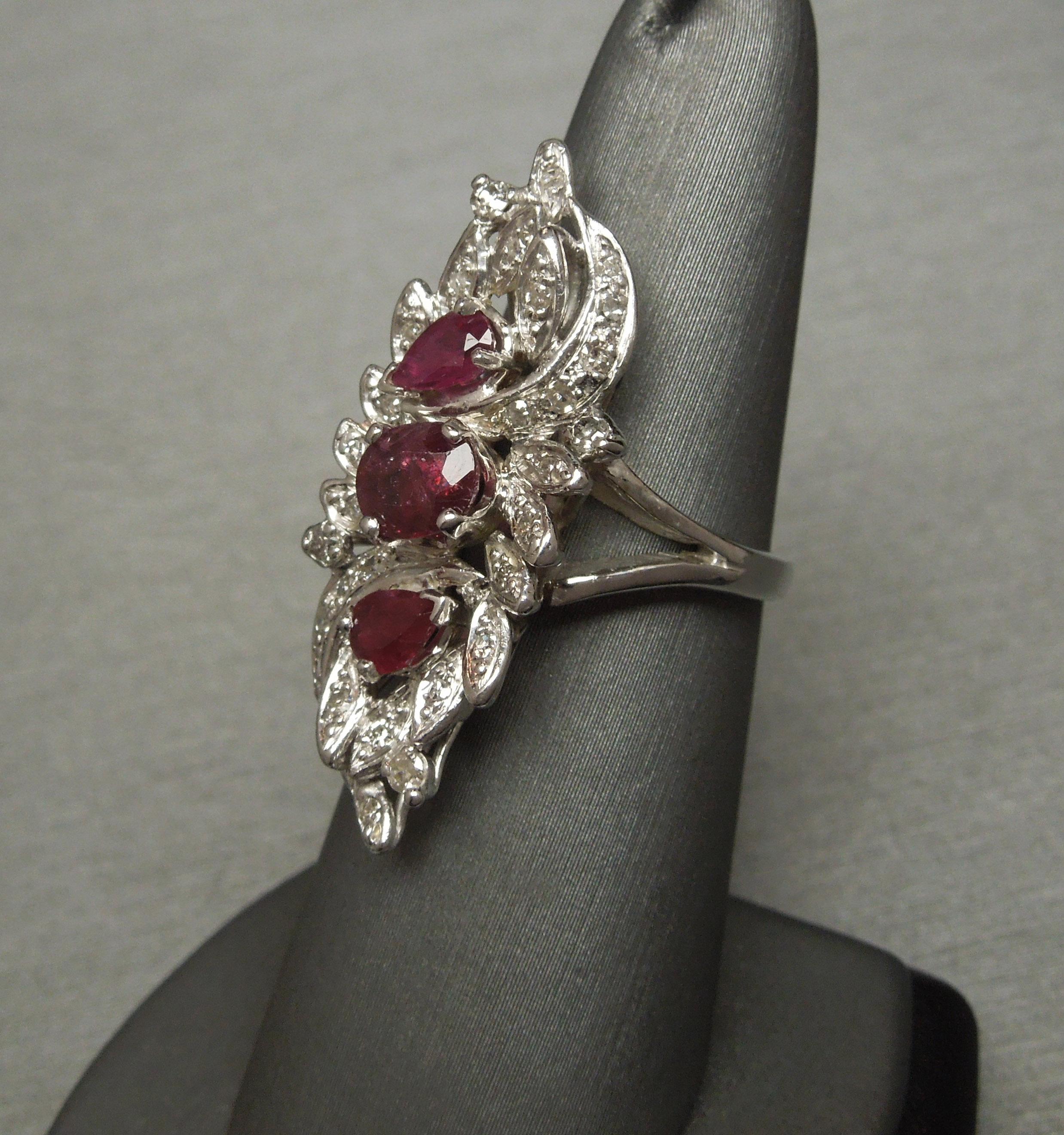 Oval Cut Midcentury White Gold Ruby Bouquet Ring For Sale