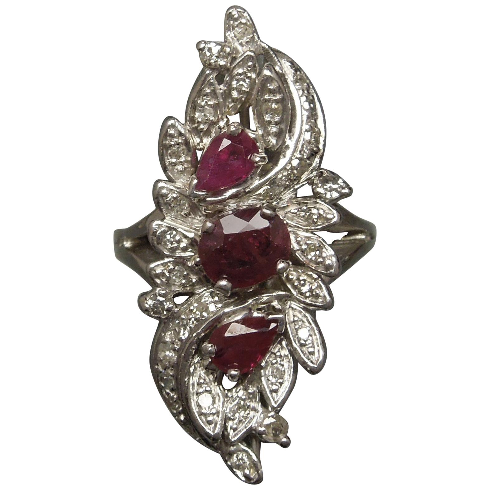 Midcentury White Gold Ruby Bouquet Ring