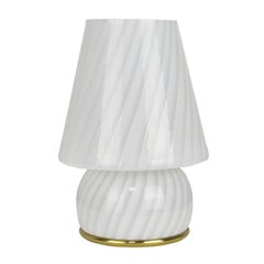 Midcentury White Murano Glass and Brass Italian Mushroom-Shaped Table Lamp 1960s