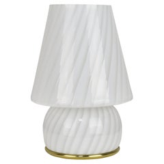 Midcentury White Murano Glass and Brass Italian Mushroom-Shaped Table Lamp 1960s