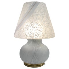 Midcentury White Murano Glass and Brass Italian Mushroom-Shaped Table Lamp 1970s