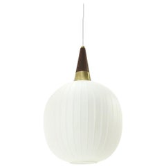 Midcentury white opaline and teak italian pendant lamp, 1960s