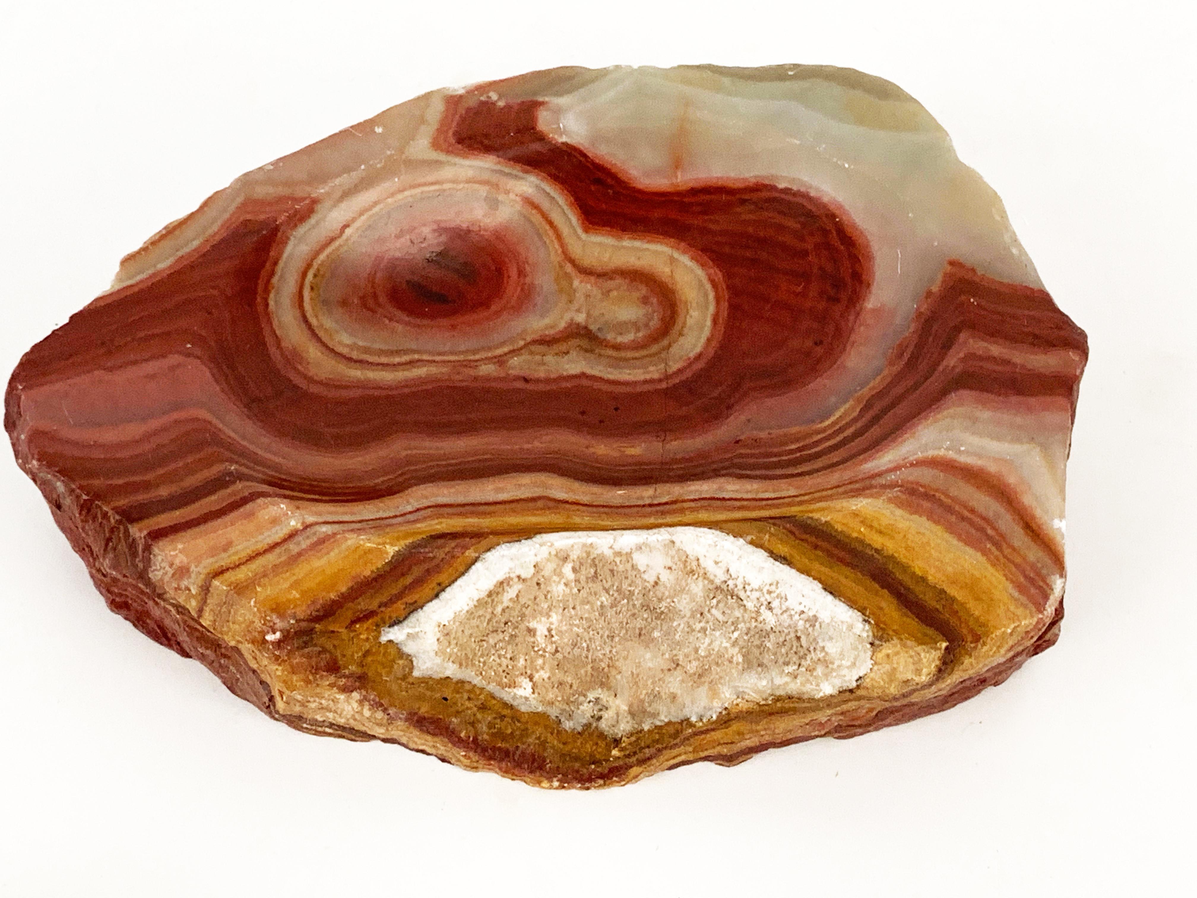Organic Modern Midcentury White, Organge and Red Onyx, Agate and Quartz Decorative Geode Bowls For Sale
