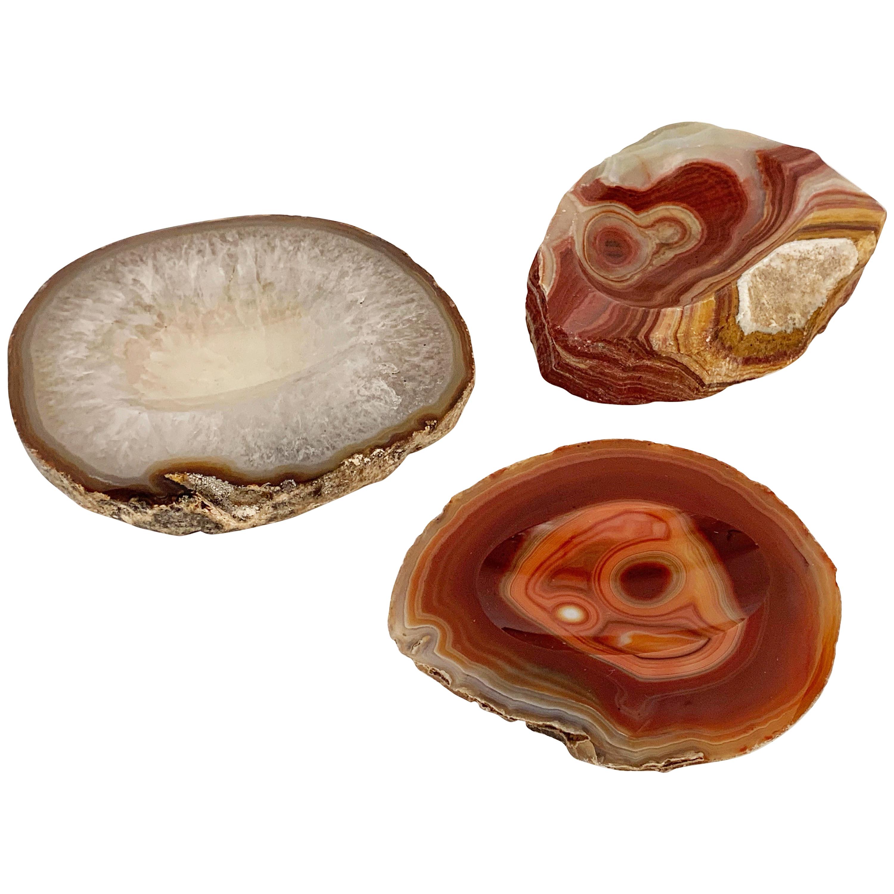 Midcentury White, Organge and Red Onyx, Agate and Quartz Decorative Geode Bowls For Sale