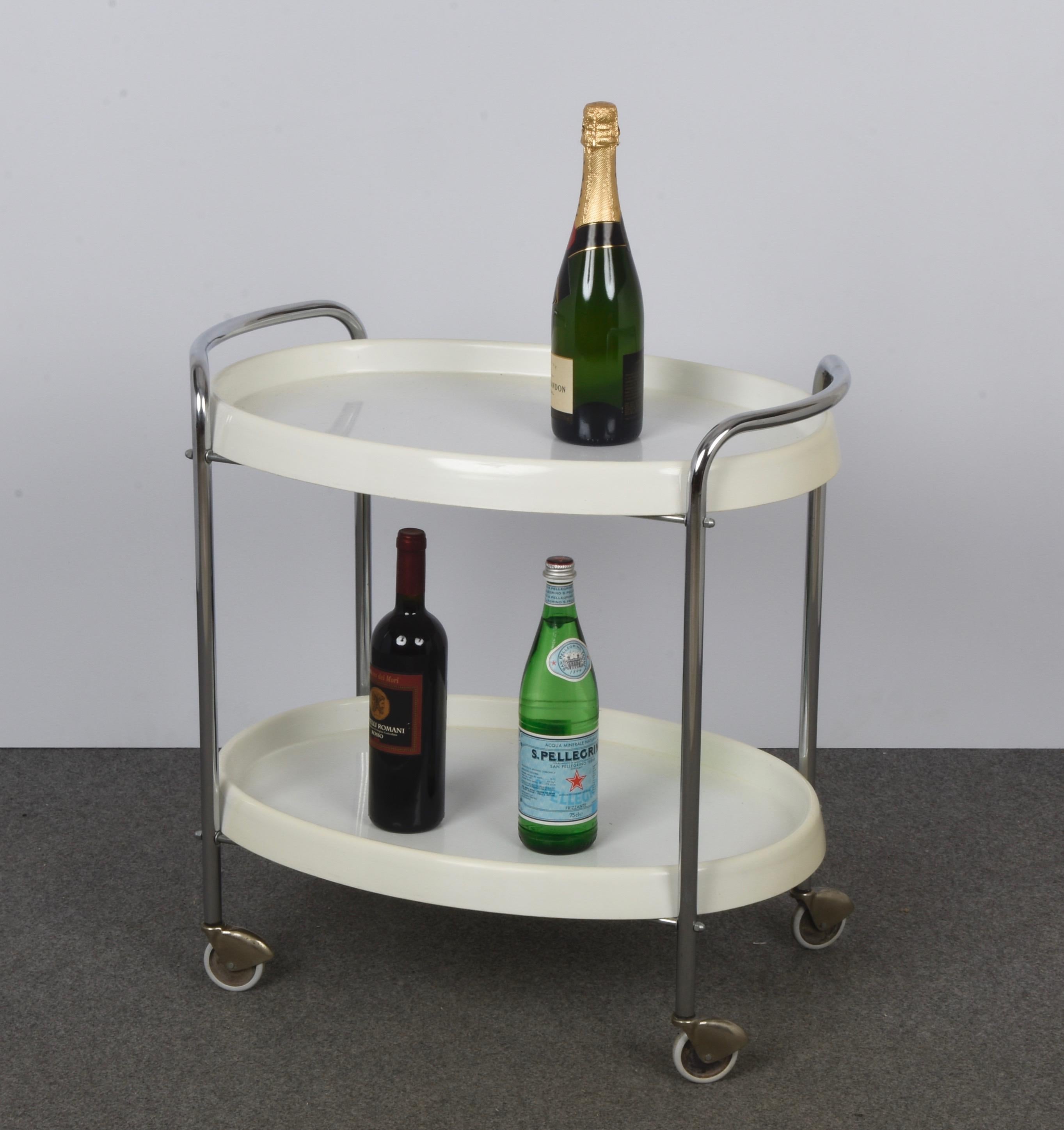 Midcentury White Plastic and Metal Chrome Italian Bar Cart Oval, 1950s For Sale 5