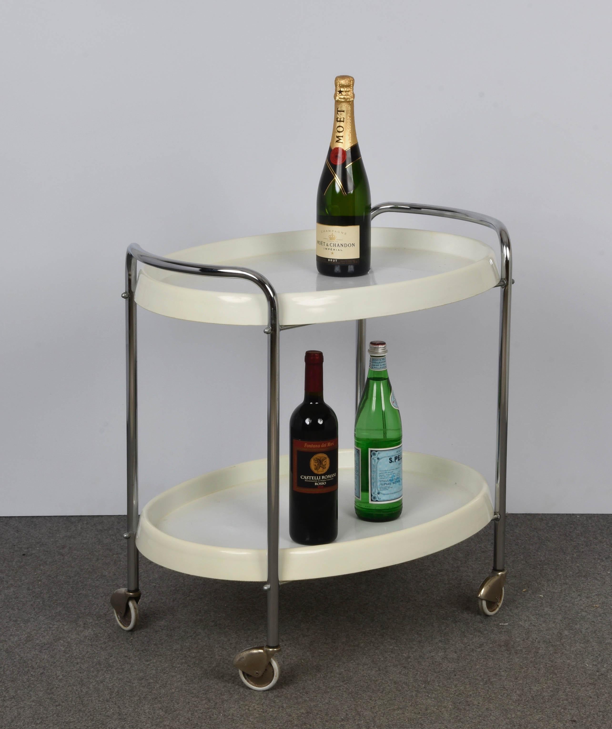 Midcentury White Plastic and Metal Chrome Italian Bar Cart Oval, 1950s For Sale 7