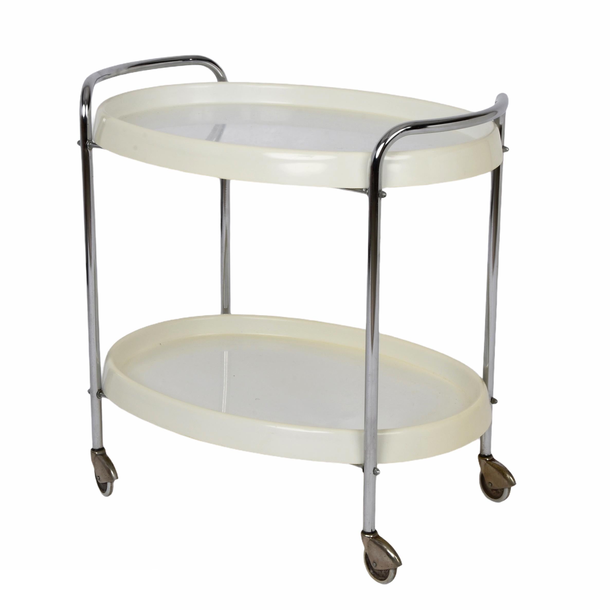 Mid-Century Modern Midcentury White Plastic and Metal Chrome Italian Bar Cart Oval, 1950s For Sale