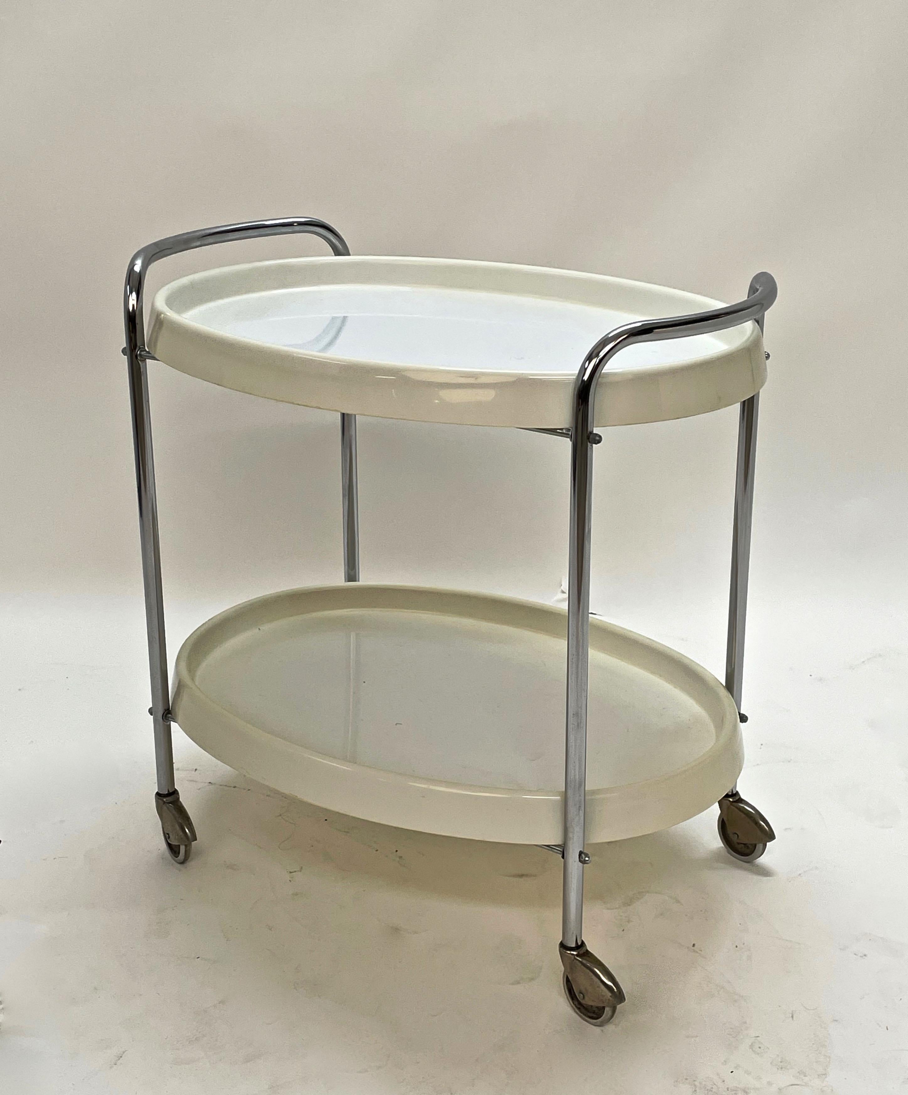 Mid-20th Century Midcentury White Plastic and Metal Chrome Italian Bar Cart Oval, 1950s For Sale