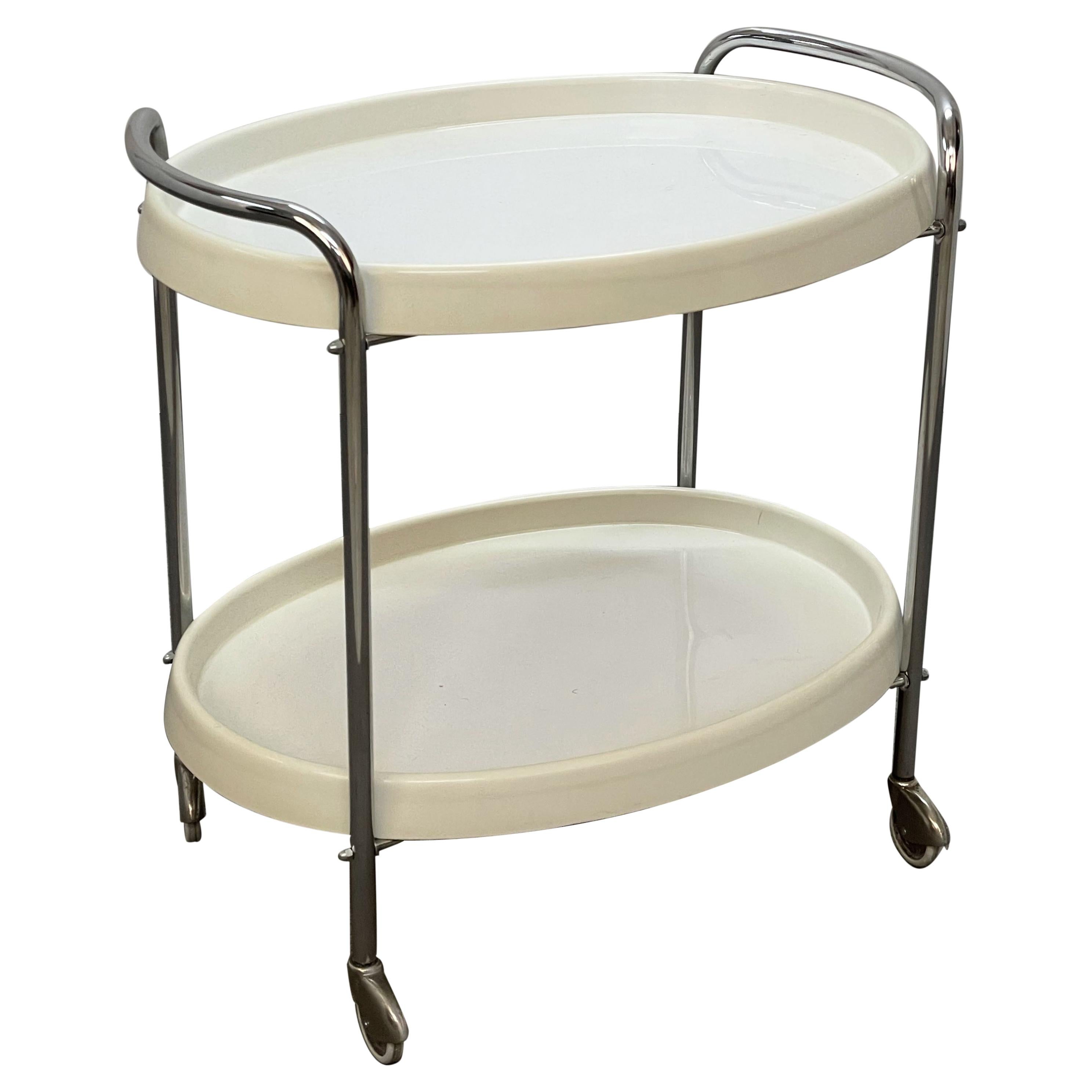 Midcentury White Plastic and Metal Chrome Italian Bar Cart Oval, 1950s