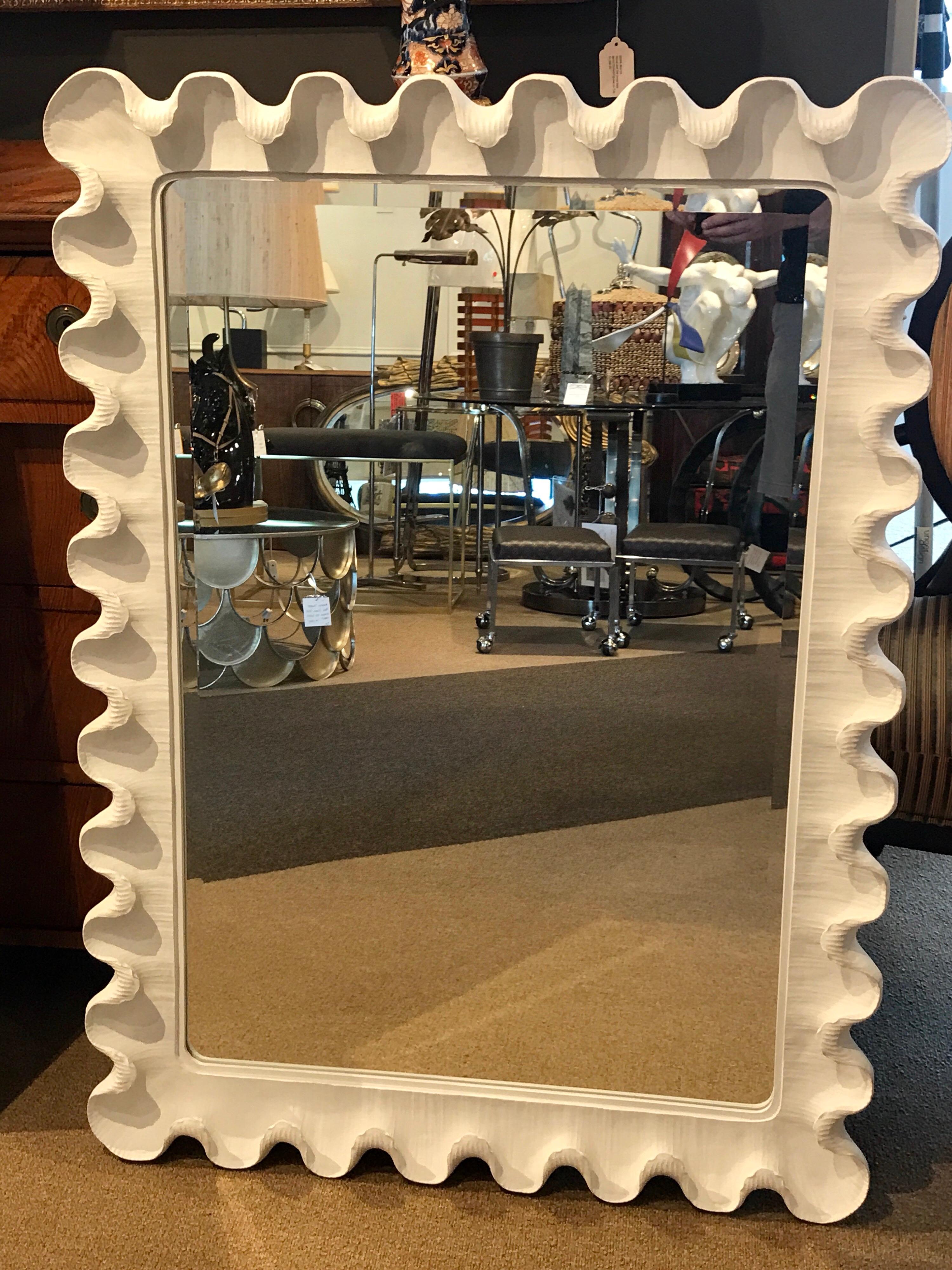 Midcentury white scalloped mirror, with a 36.5