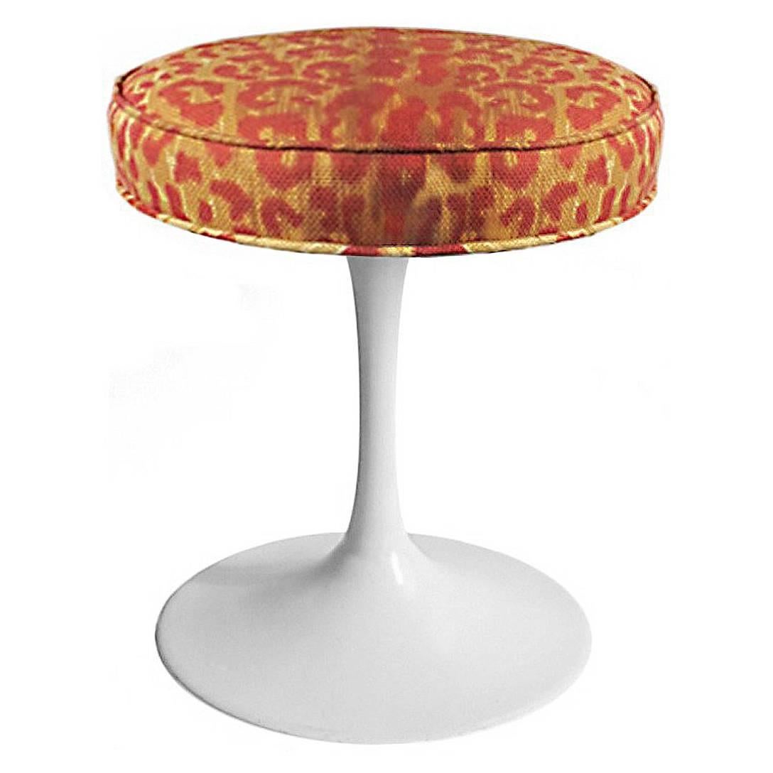 Midcentury White Tulip Base Stool with Leopard Print Upholstery 