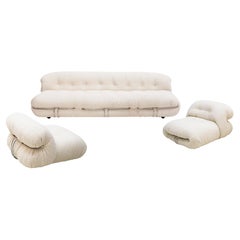 Midcentury White Wool Soriana Sofa and 2 Armchairs By Tobia Scarpa for Cassina
