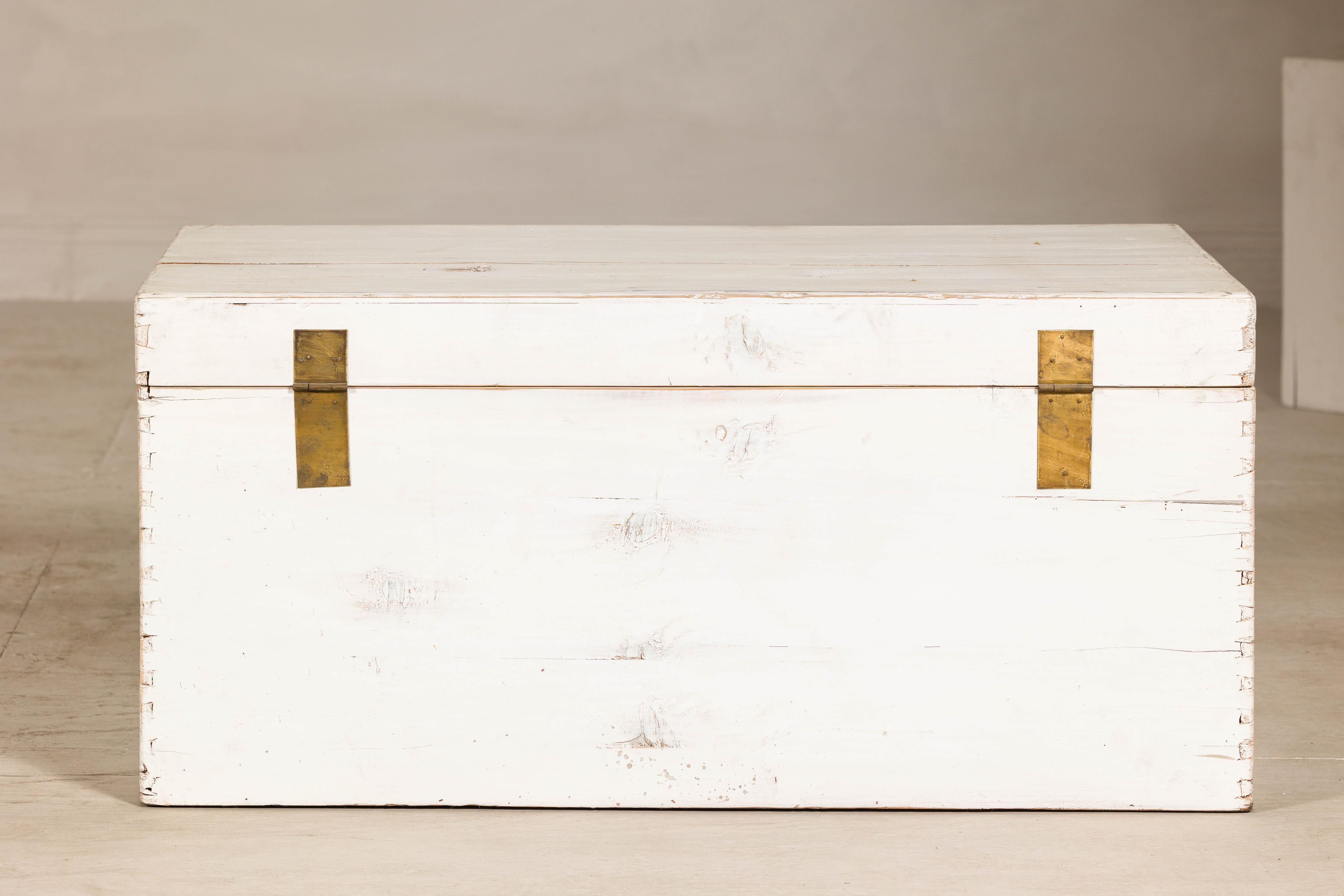 Midcentury Whitewashed Blanket Chest with Brass Hardware and Storage For Sale 4