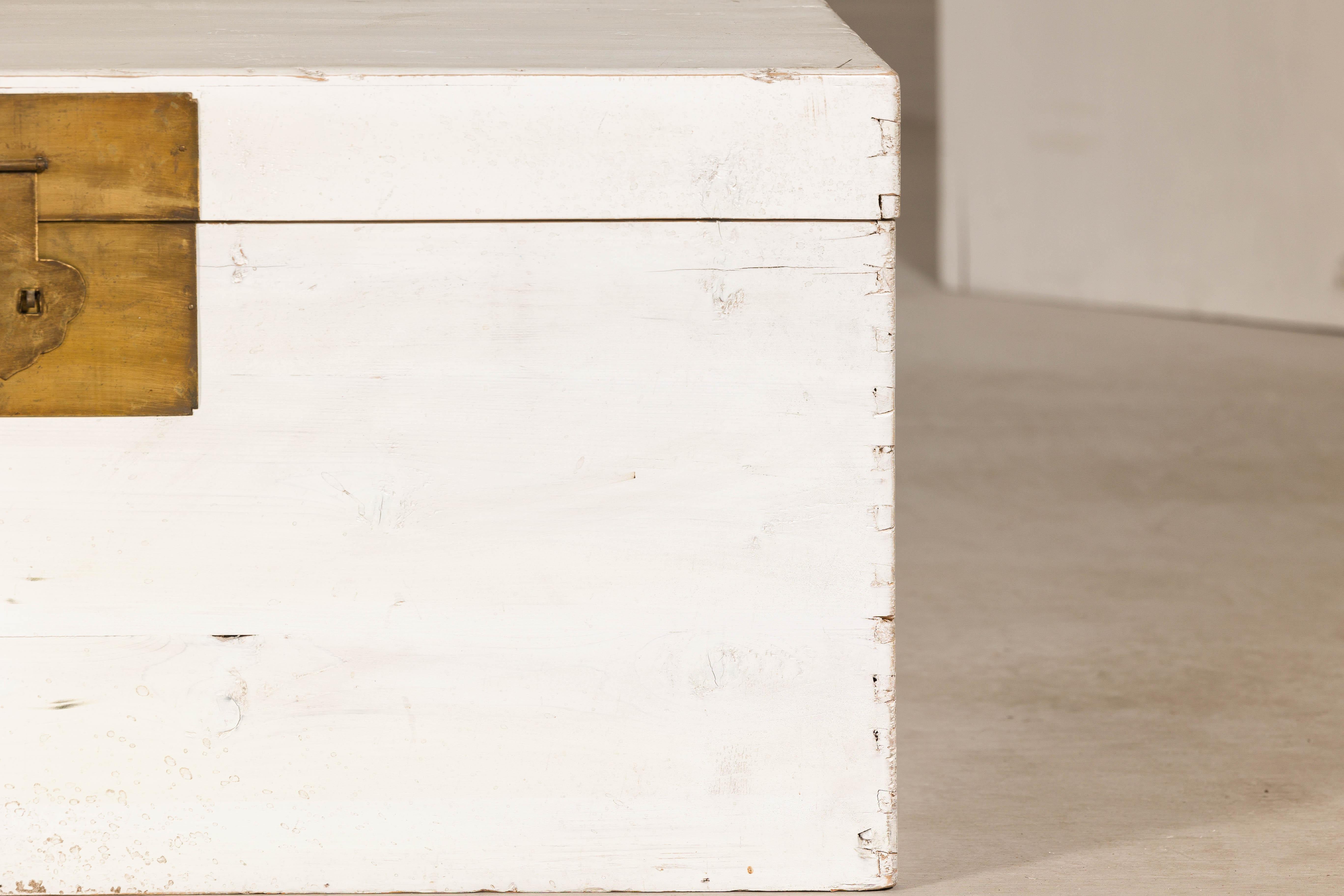 Midcentury Whitewashed Blanket Chest with Brass Hardware and Storage For Sale 7