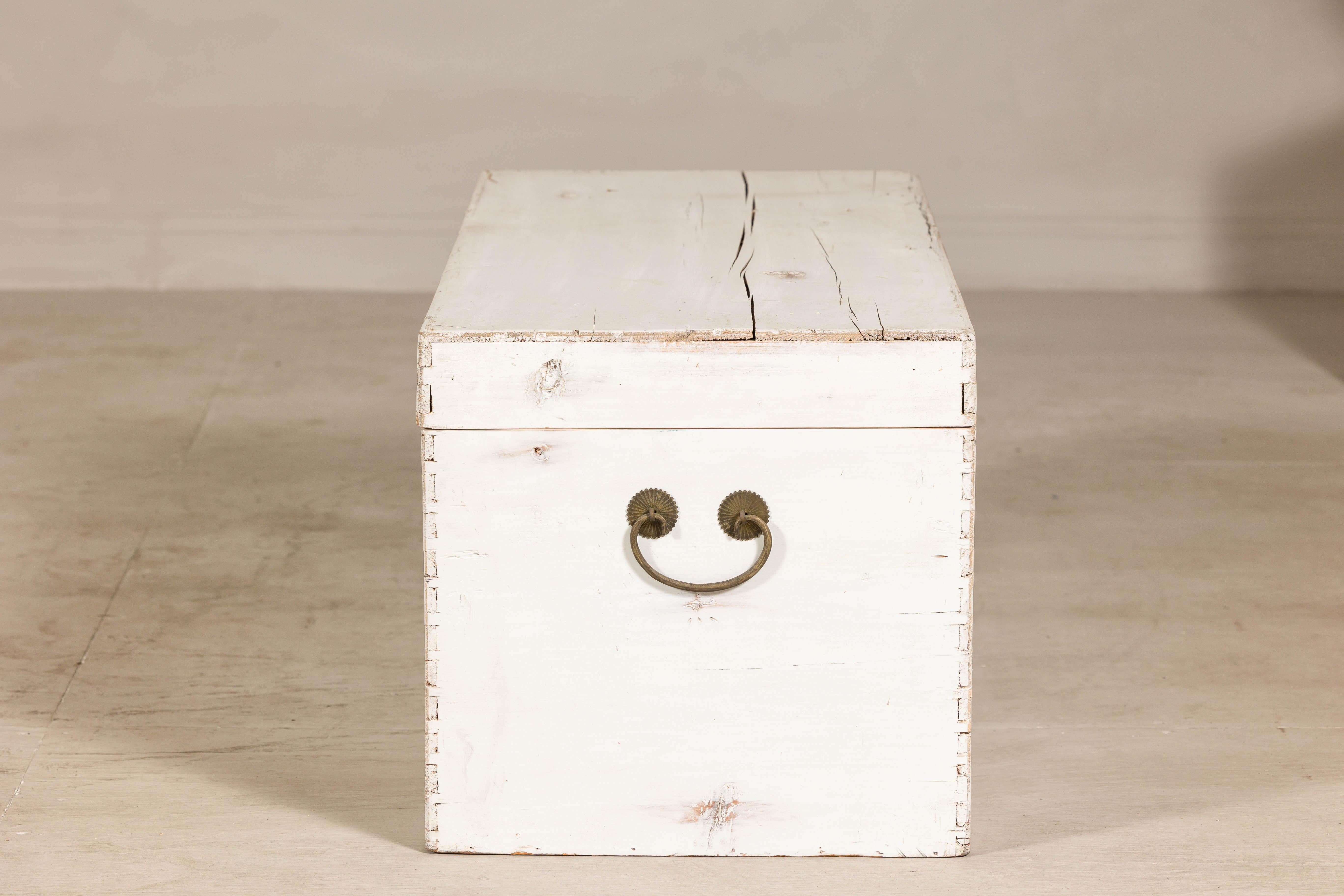 Midcentury Whitewashed Blanket Chest with Brass Hardware and Storage For Sale 11