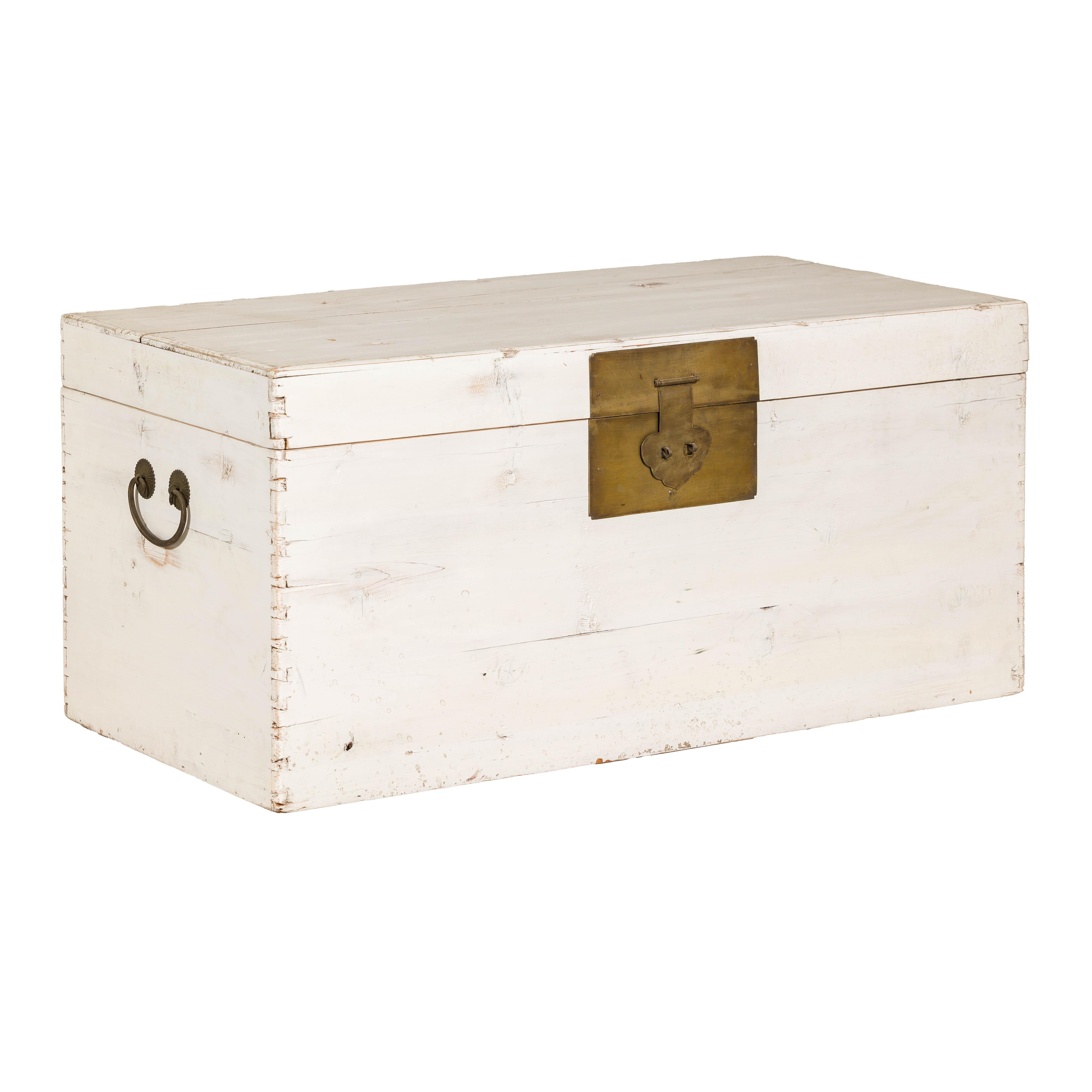 Midcentury Whitewashed Blanket Chest with Brass Hardware and Storage For Sale 12