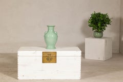 Midcentury Whitewashed Blanket Chest with Brass Hardware and Storage
