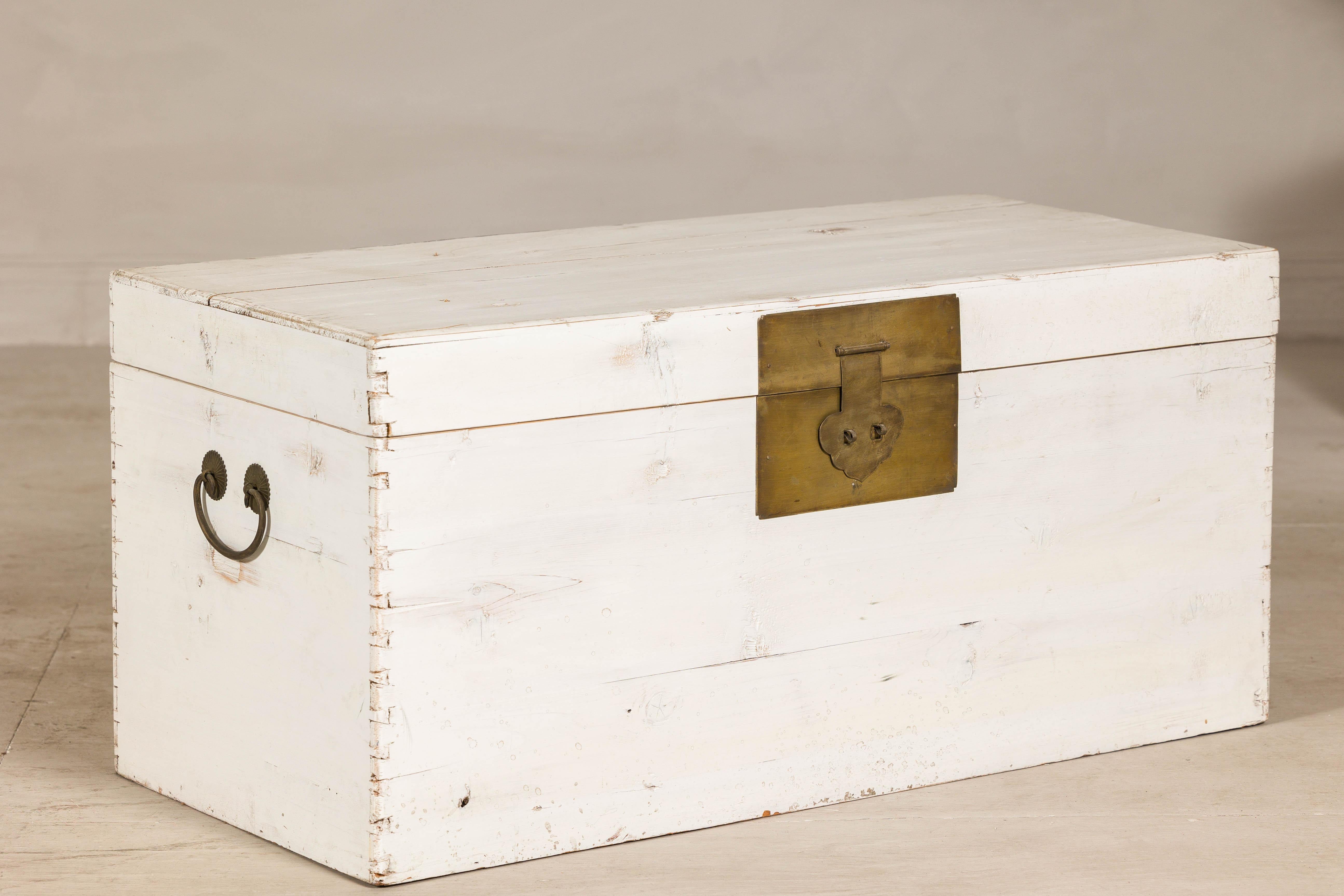 Chinese Midcentury Whitewashed Blanket Chest with Brass Hardware and Storage For Sale