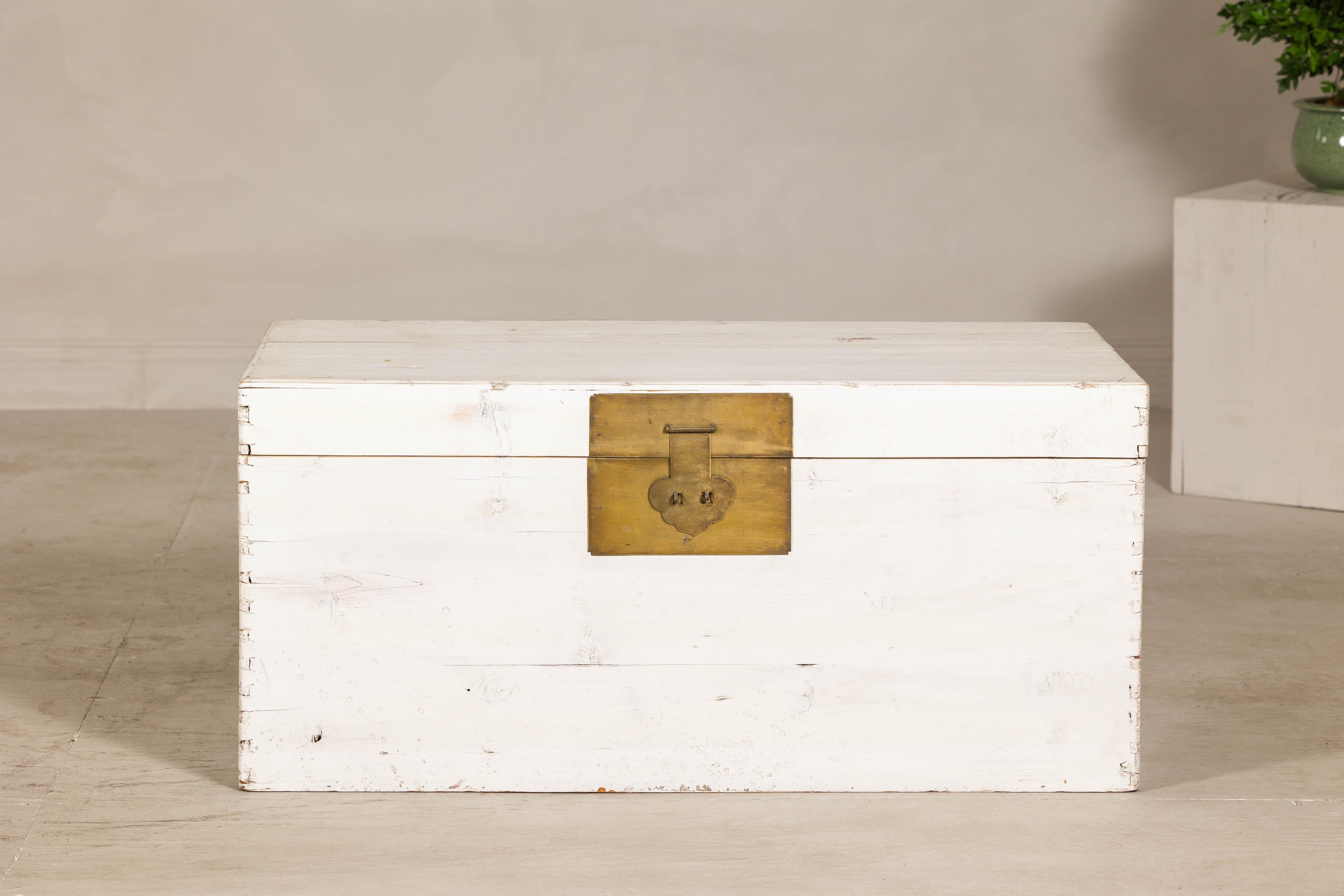 Lacquered Midcentury Whitewashed Blanket Chest with Brass Hardware and Storage For Sale