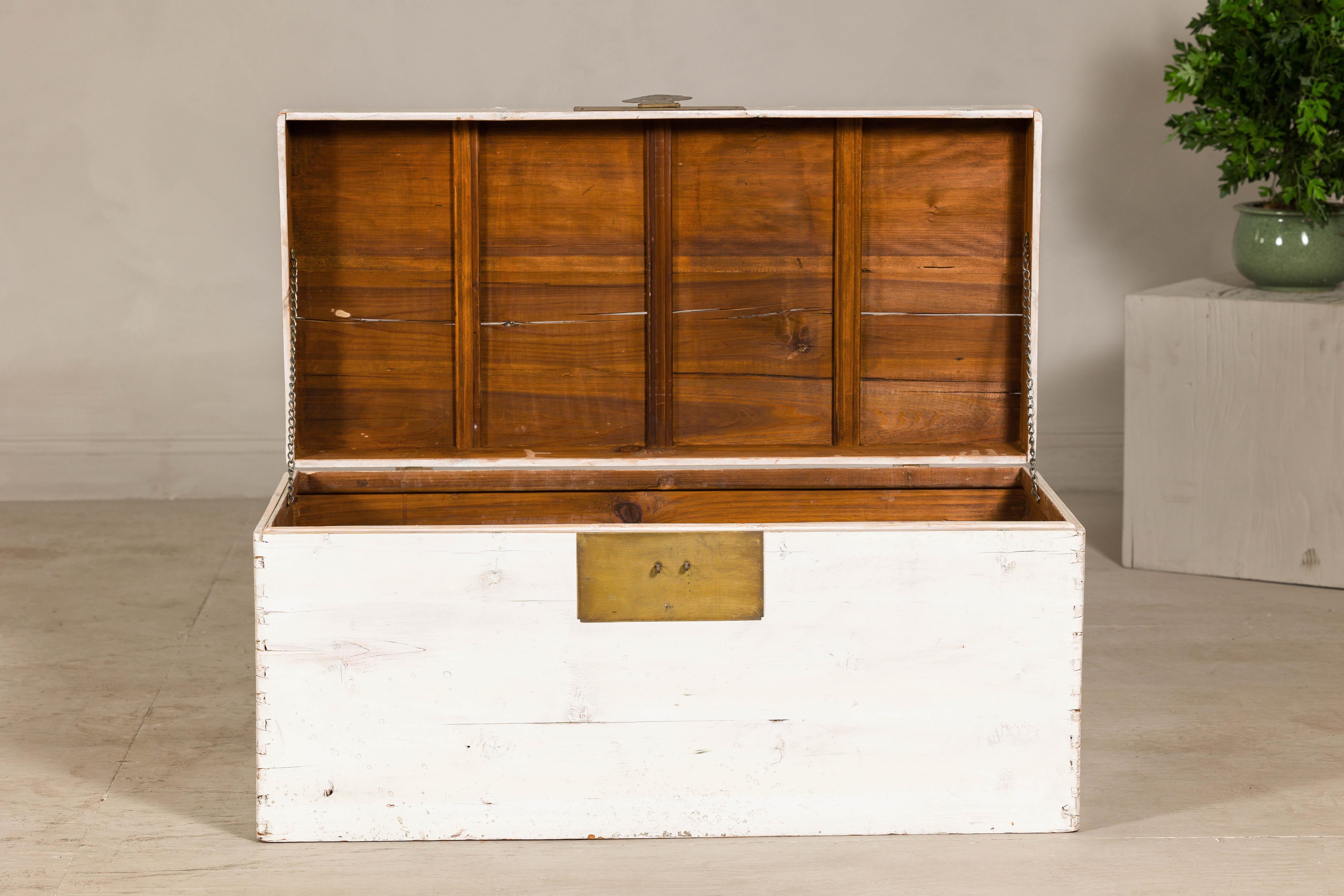 20th Century Midcentury Whitewashed Blanket Chest with Brass Hardware and Storage For Sale