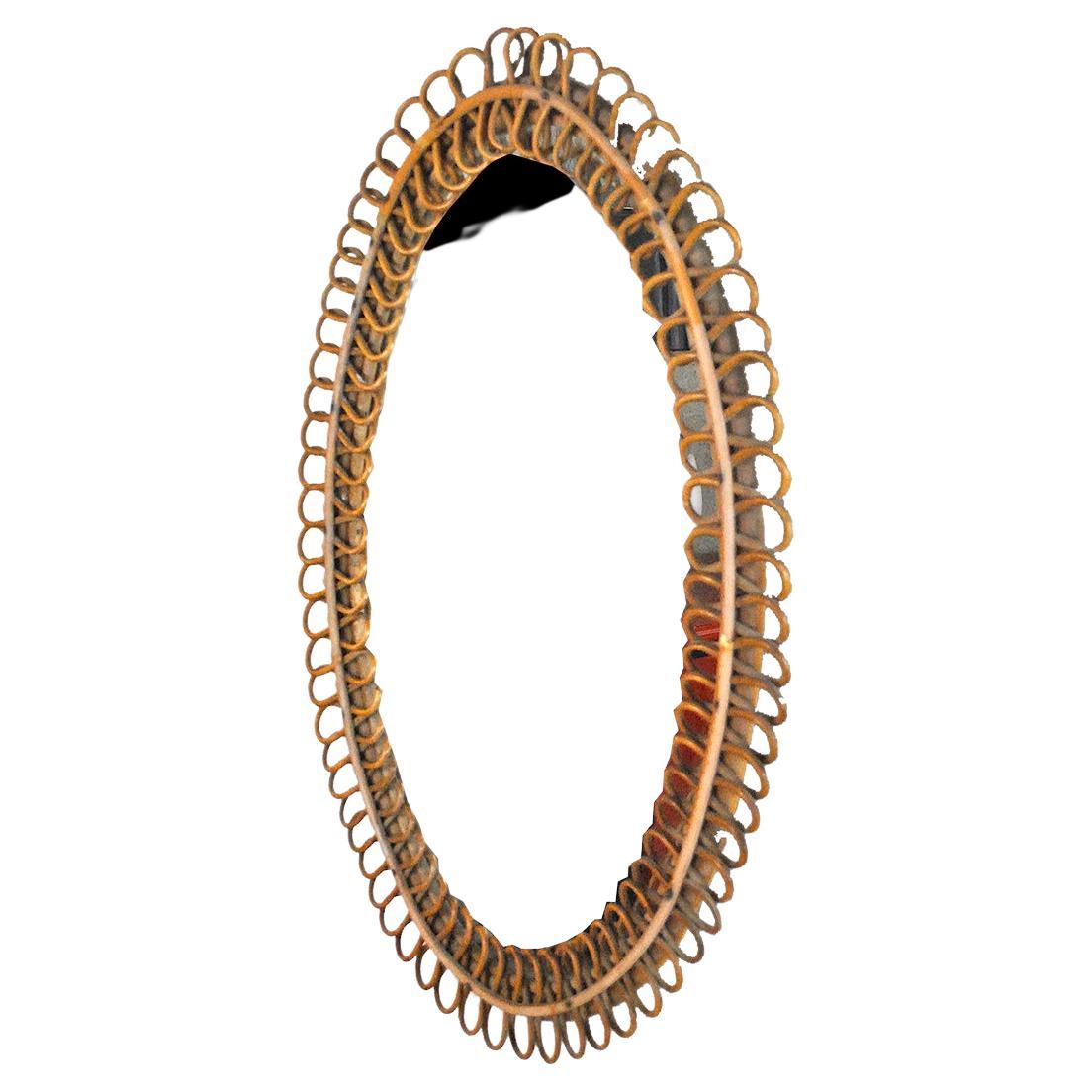Italian MidCentury Wicker and Bamboo Oval Mirror in the Style of Franco Albini in Very G
