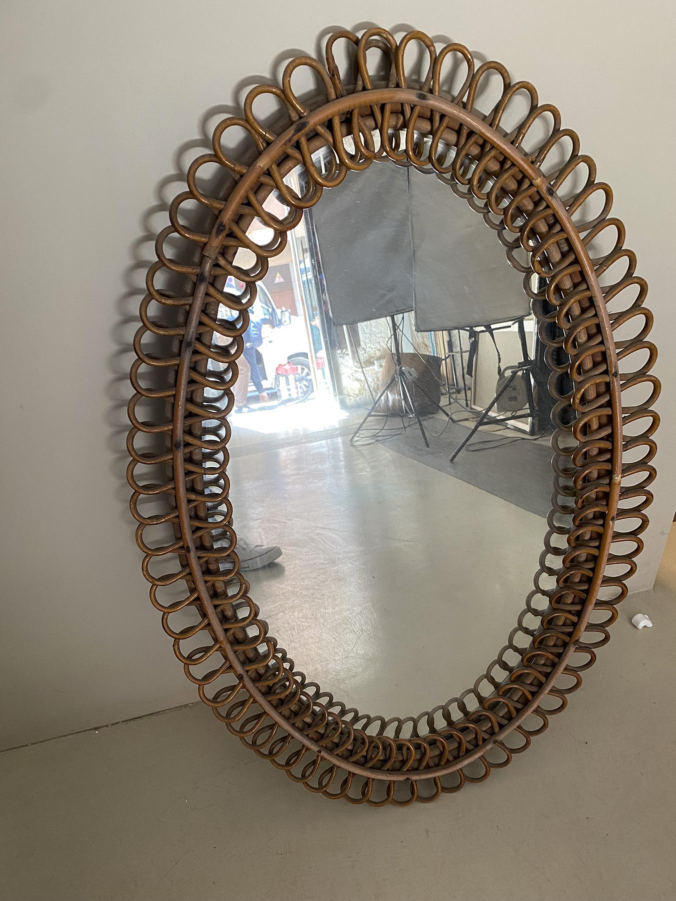 Mid-20th Century MidCentury Wicker and Bamboo Oval Mirror in the Style of Franco Albini in Very G