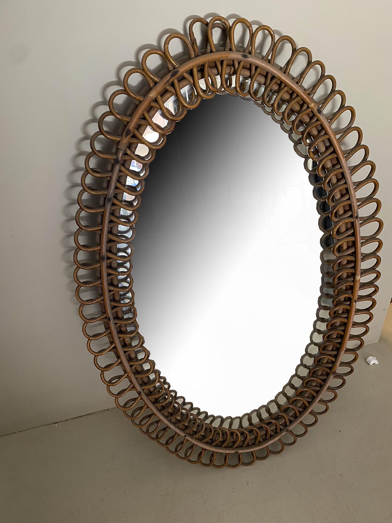 MidCentury Wicker and Bamboo Oval Mirror in the Style of Franco Albini in Very G 1