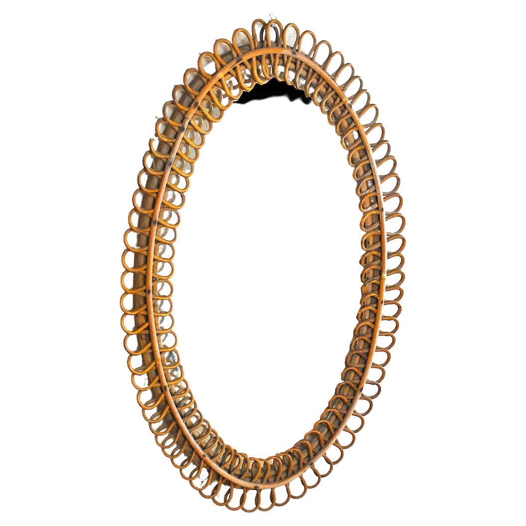 Mid-Century Modern MidCentury Wicker and Bamboo Oval Mirror in the Style of Franco Albini in Very G