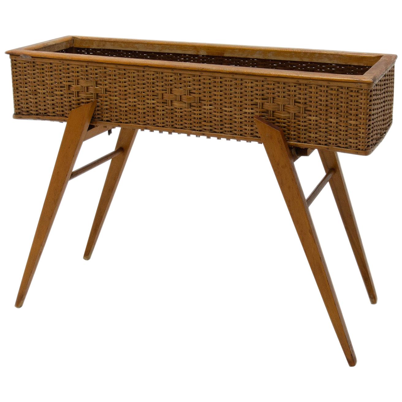 Midcentury Wicker and Beech Plant Stand, 1960s, Central Europe