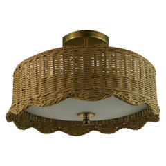 Midcentury Rattan Wicker and Glass Semi Flushmount