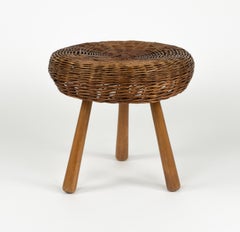 Midcentury Wicker and Wood Tripod Stool by Tony Paul, United States, 1950s