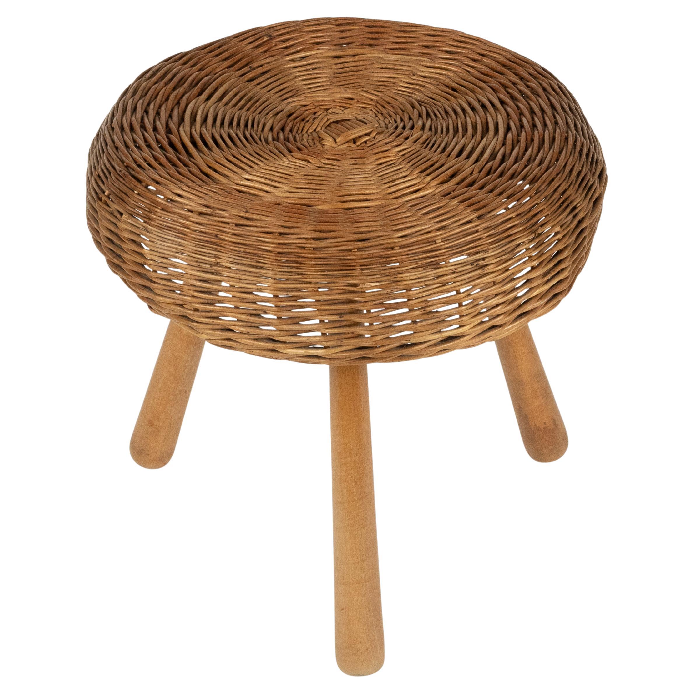 Midcentury Wicker and Wood Tripod Stool by Tony Paul, United States, 1950s For Sale