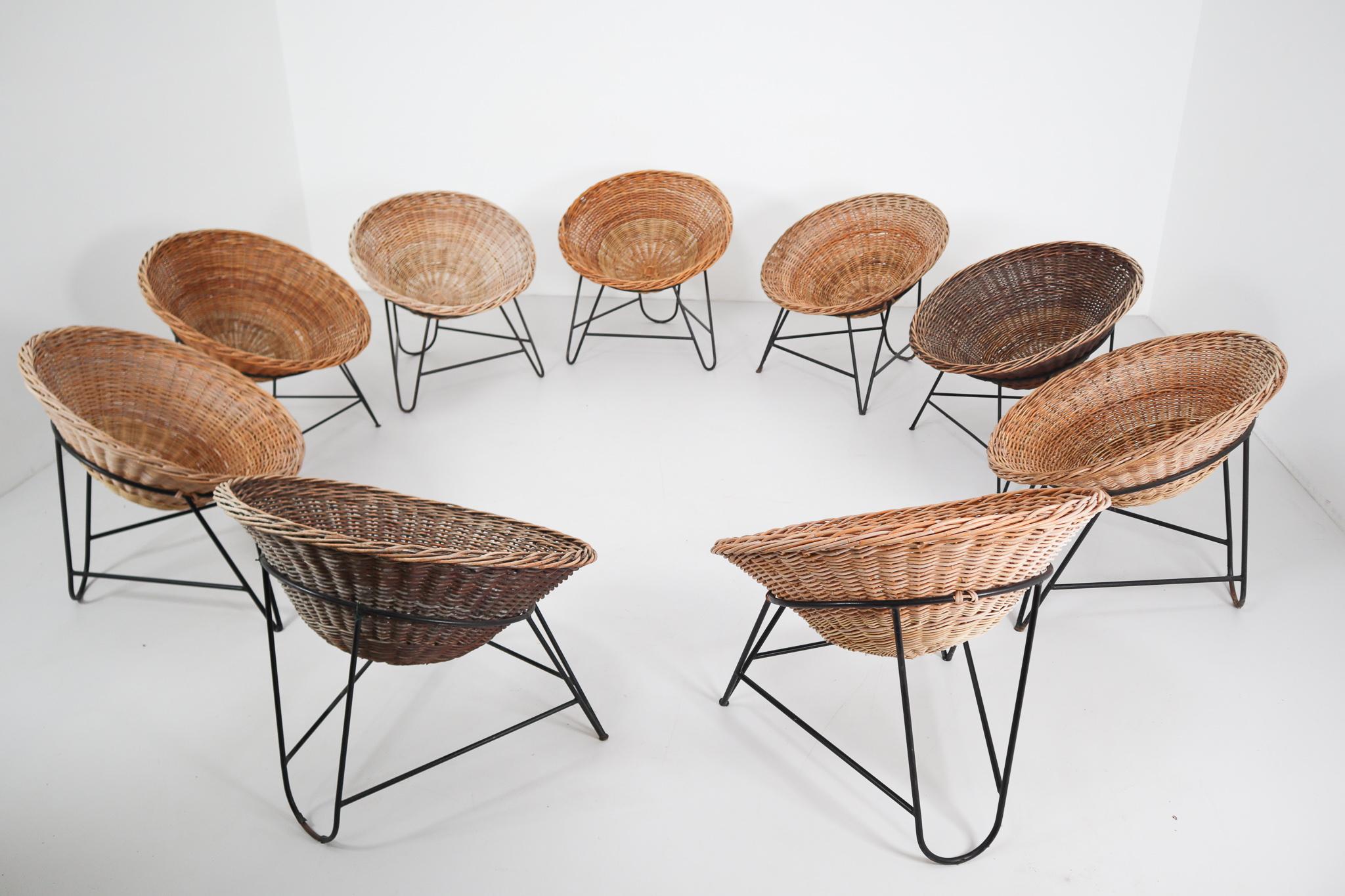 Steel Midcentury Wicker Easy-Lounge-Patio Chair Designed in Europe, 1960s