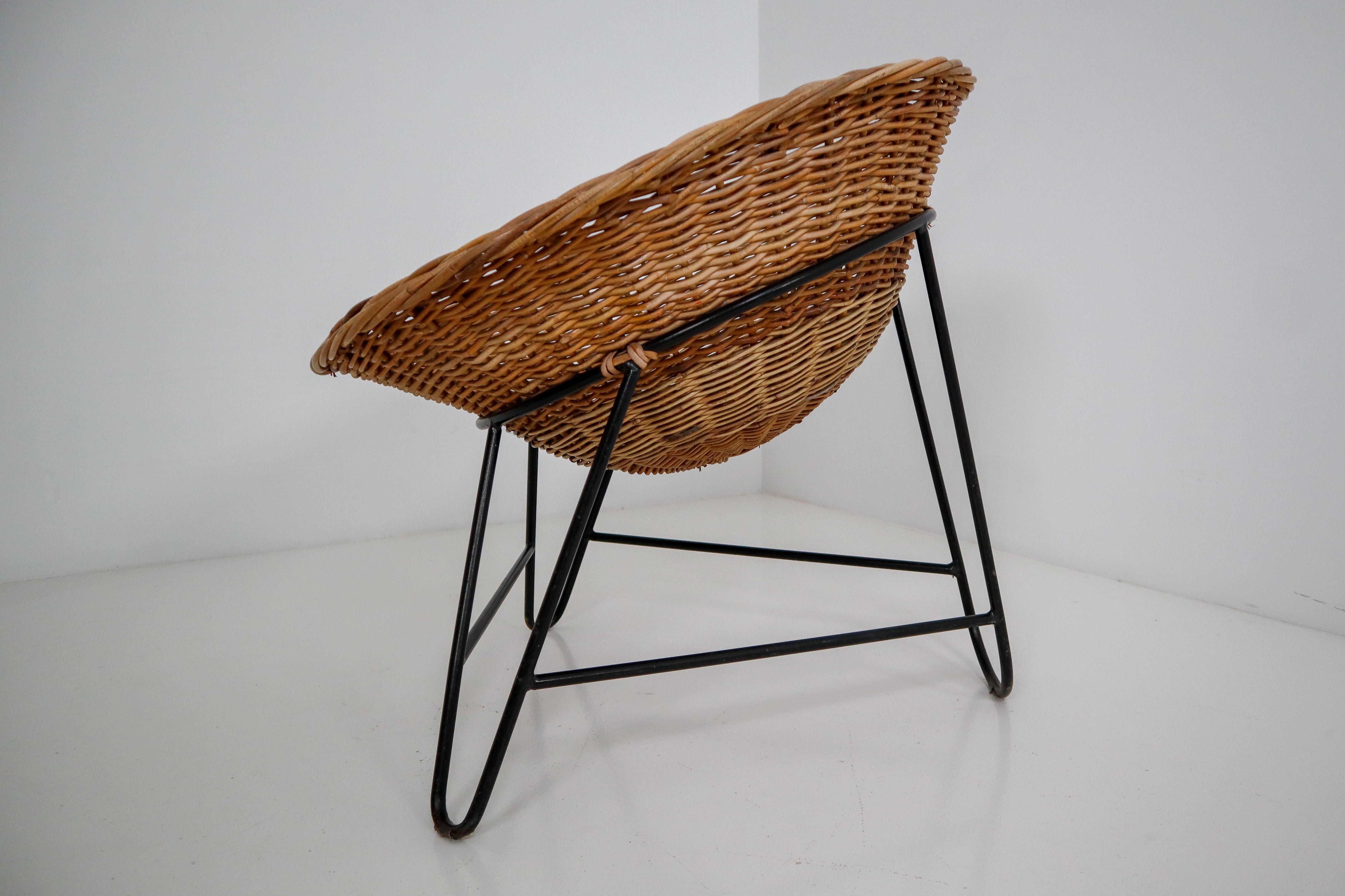 Steel Midcentury Wicker Easy Lounge Patio Chairs Designed in Europe, 1960s