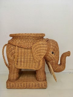 Midcentury Wicker Elephant, Side Table, Foot Stool
