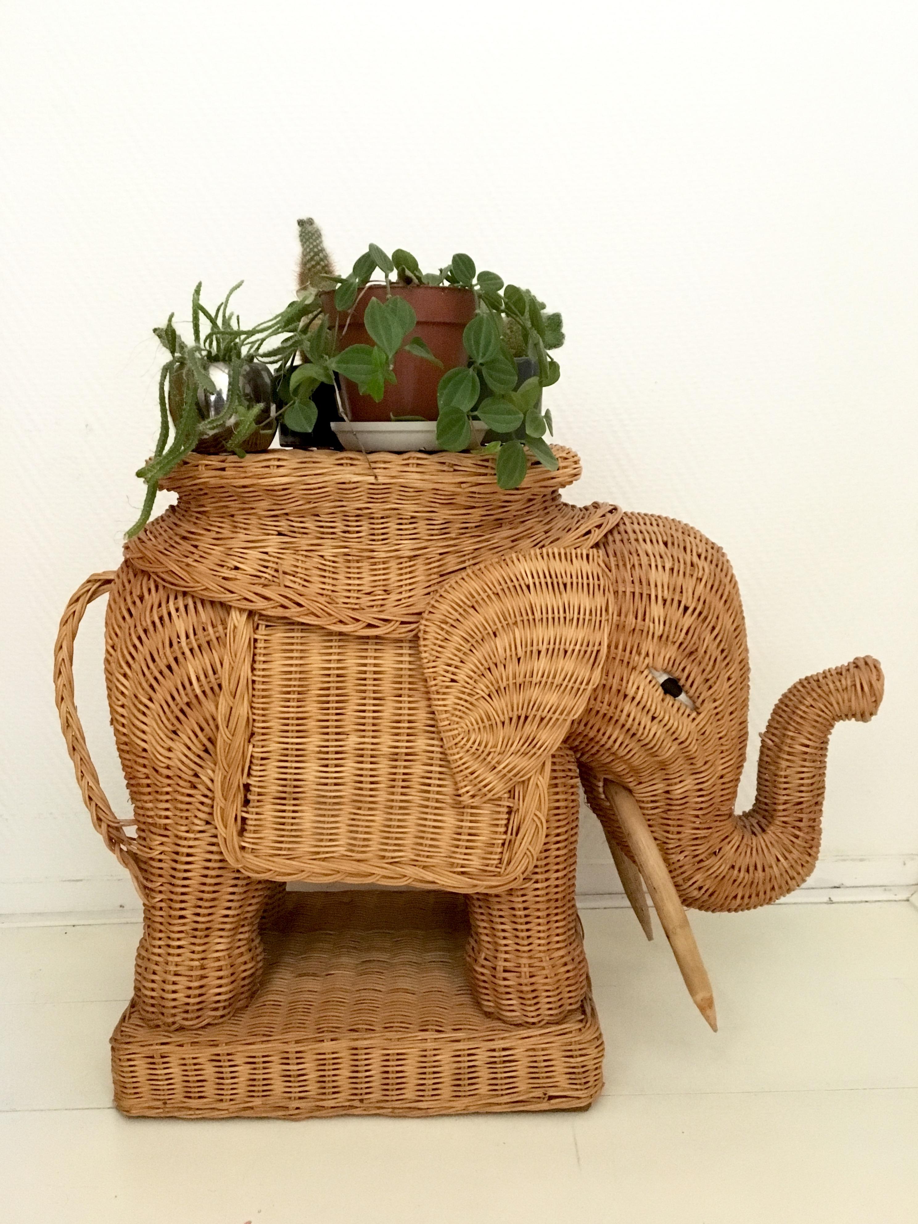 Bohemian Midcentury Wicker Elephant, Side Table, Foot Stool