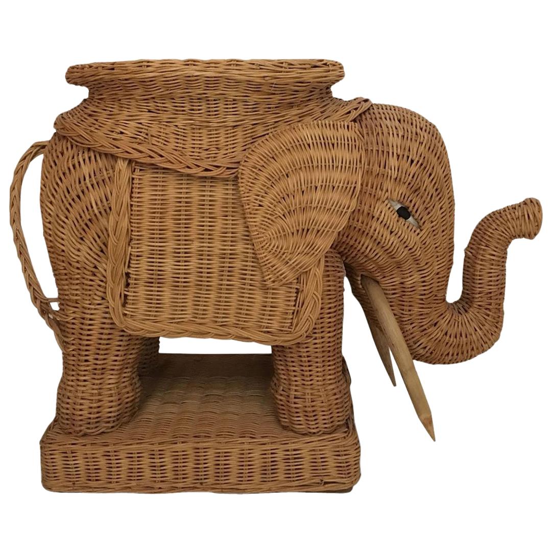 Midcentury Wicker Elephant, Side Table, Foot Stool