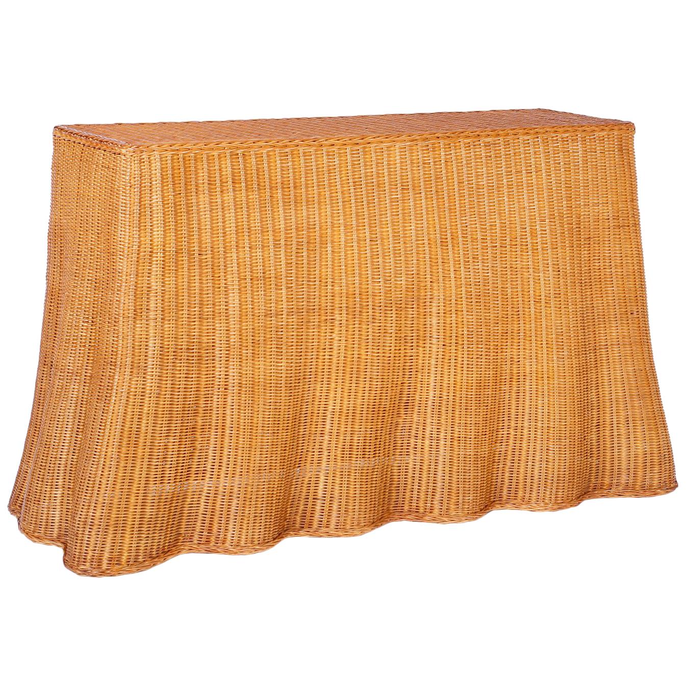 Midcentury Wicker Faux Skirt Console Table