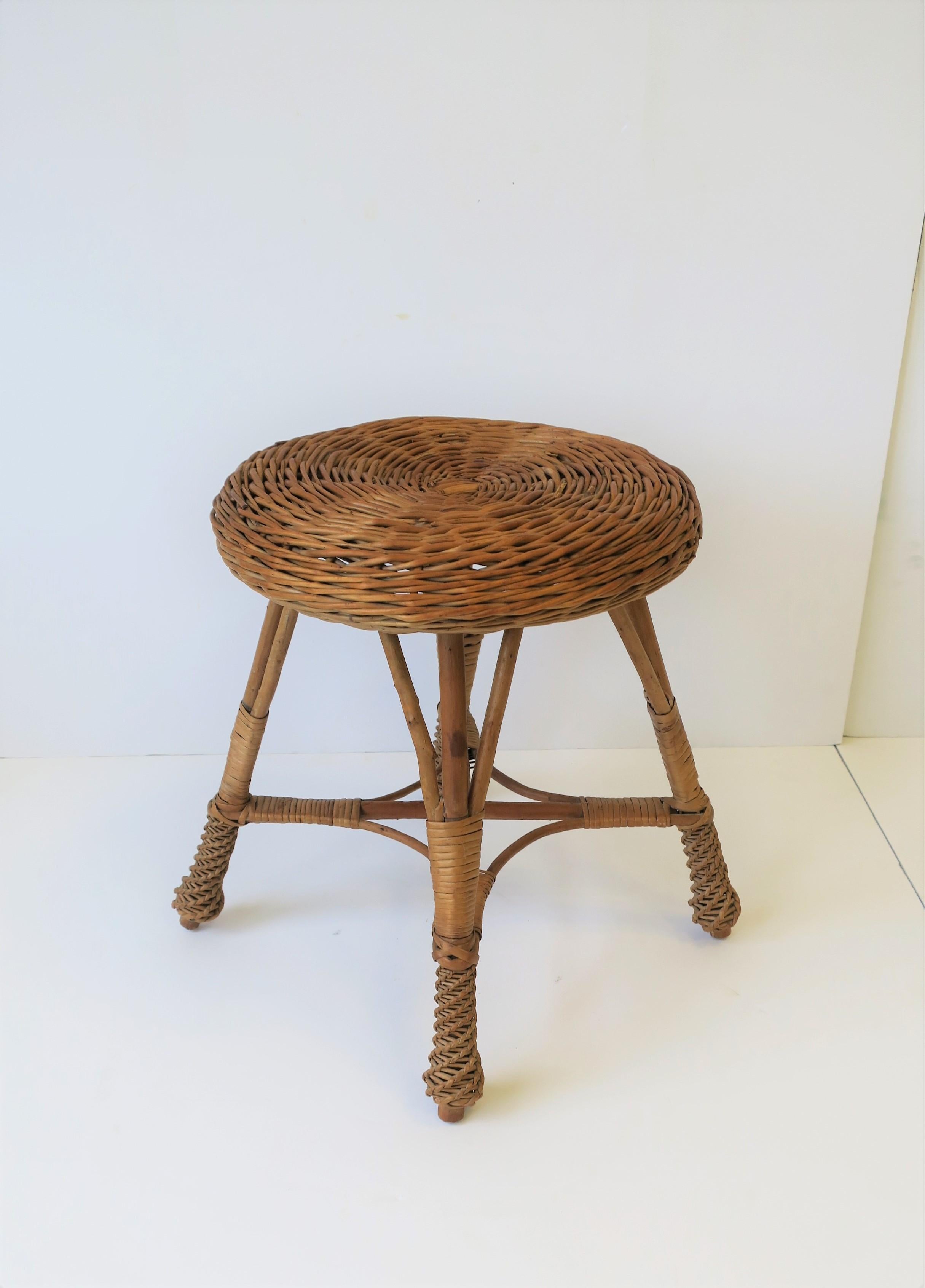 Midcentury Wicker Rattan and Wood Stool or Side Table 1