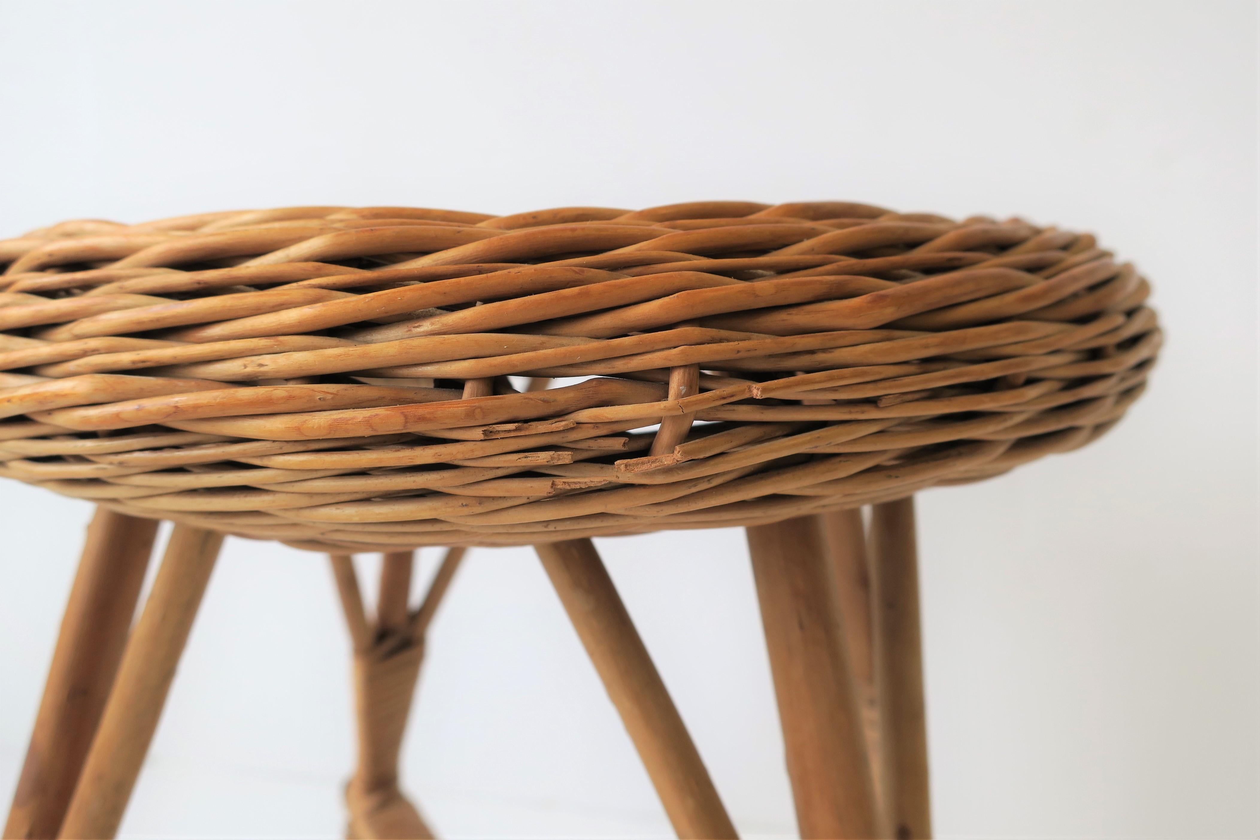 Midcentury Wicker Rattan and Wood Stool or Side Table 2