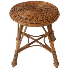 Vintage Midcentury Wicker Rattan and Wood Stool or Side Table